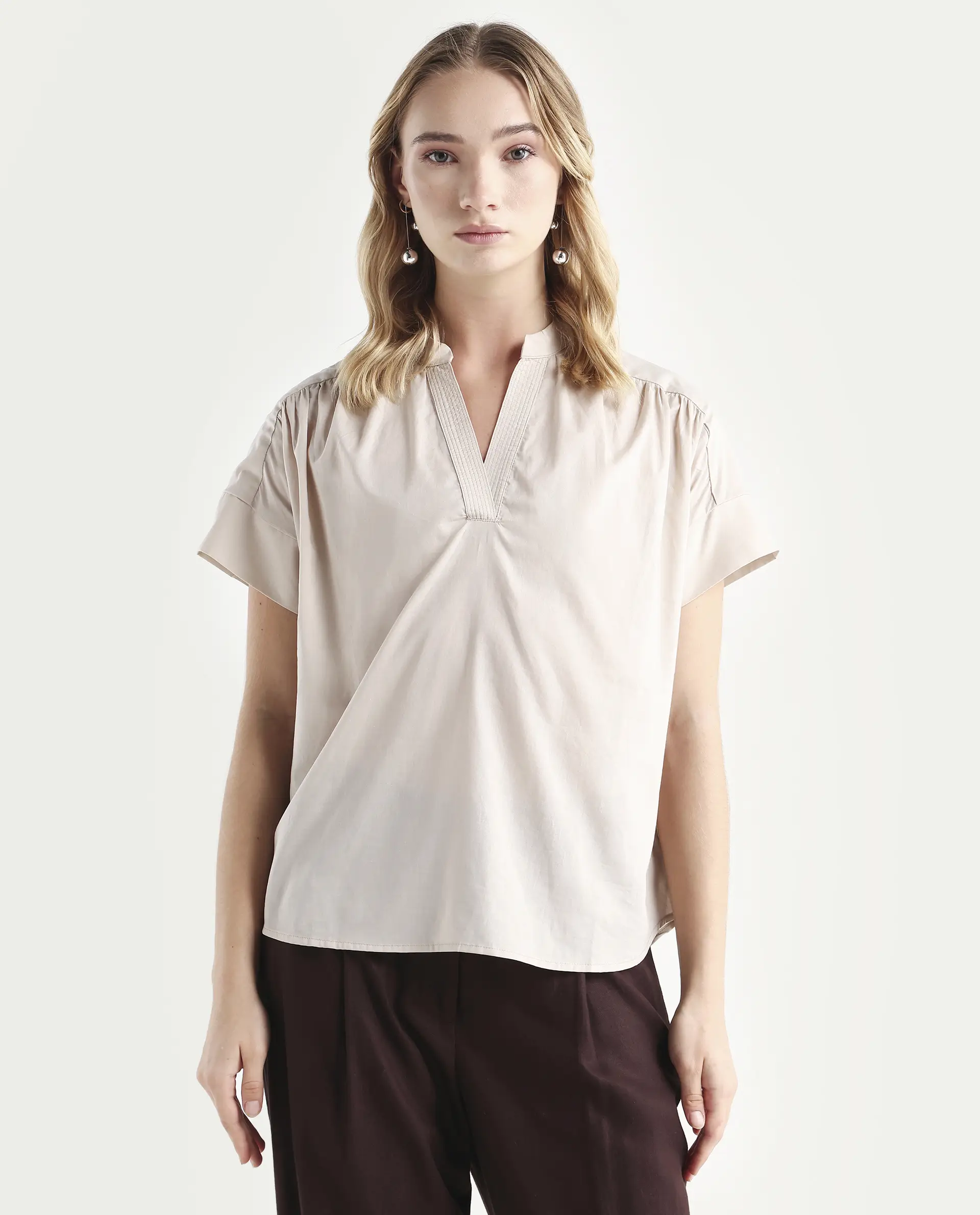 Rareism Women's Nupto Beige Cotton Mandarin Collar Relaxed Fit Plain Top - Image 3