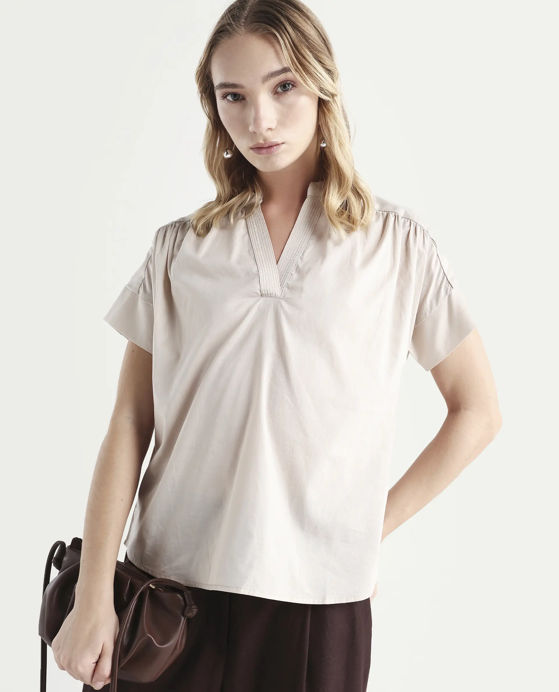 Rareism Women's Nupto Beige Cotton Mandarin Collar Relaxed Fit Plain Top - Image 4