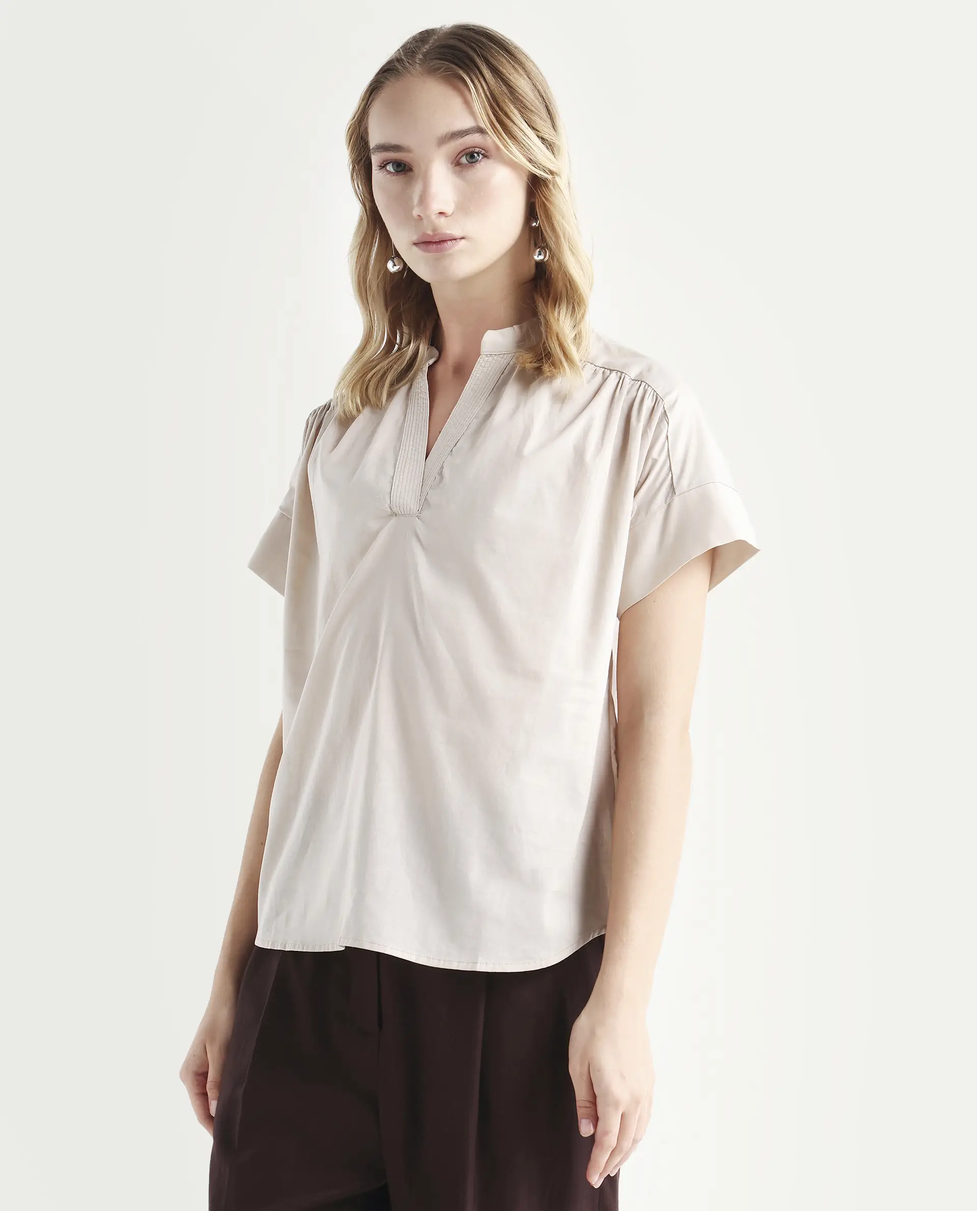 Rareism Women's Nupto Beige Cotton Mandarin Collar Relaxed Fit Plain Top - Image 5
