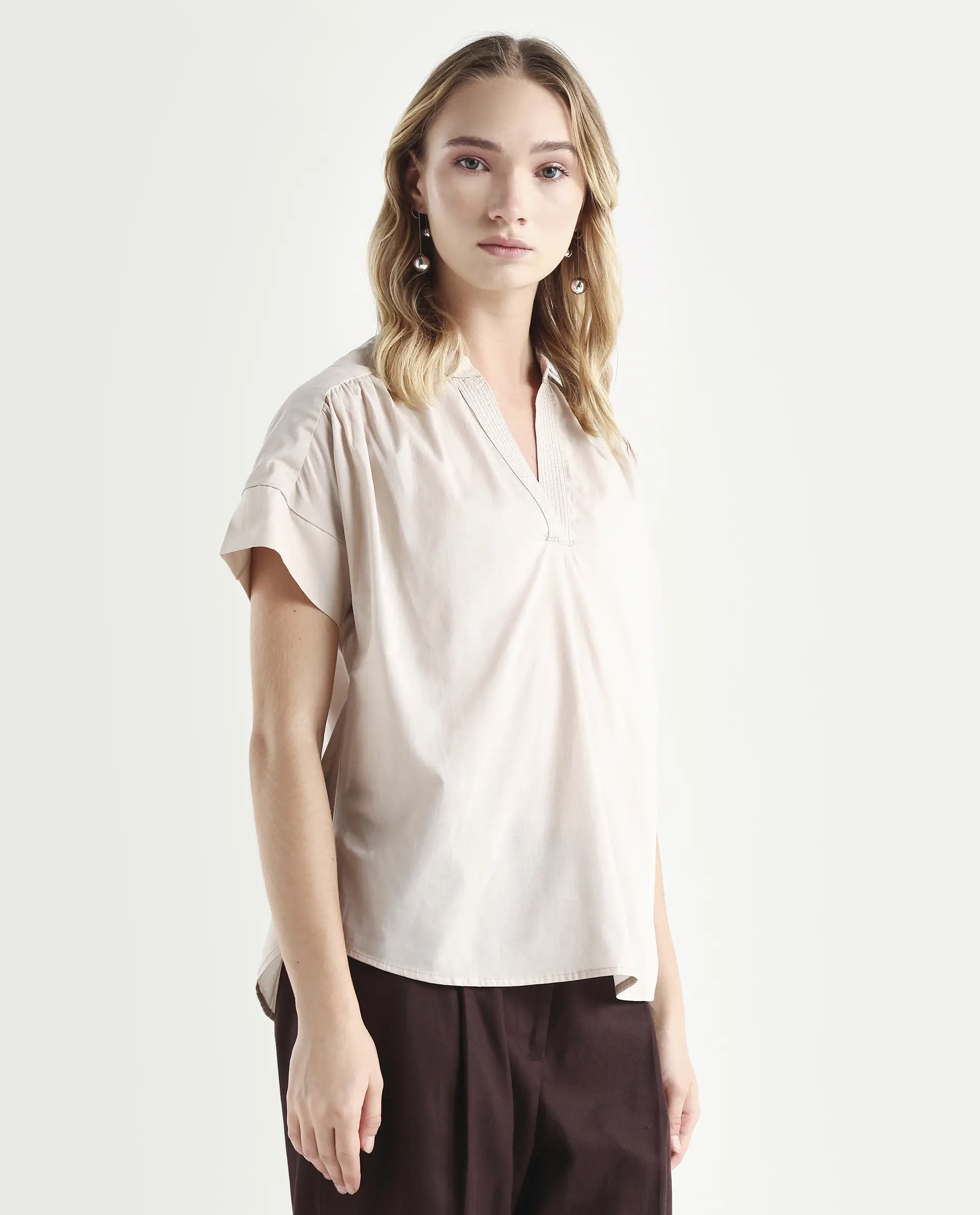 Rareism Women's Nupto Beige Cotton Mandarin Collar Relaxed Fit Plain Top - Image 6