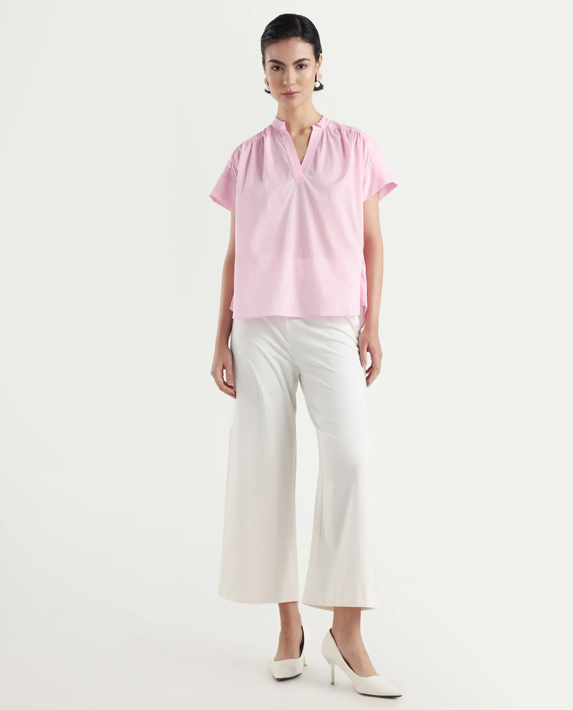 Rareism Women's Nupto Pastel Pink Cotton Extended Sleeves Mandarin Collar Relaxed Fit Plain Top - Image 2