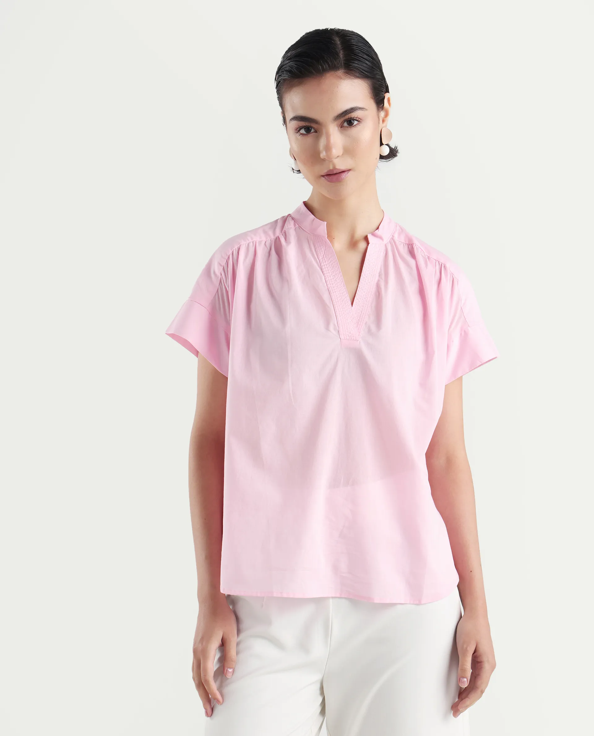 Rareism Women's Nupto Pastel Pink Cotton Extended Sleeves Mandarin Collar Relaxed Fit Plain Top - Image 3