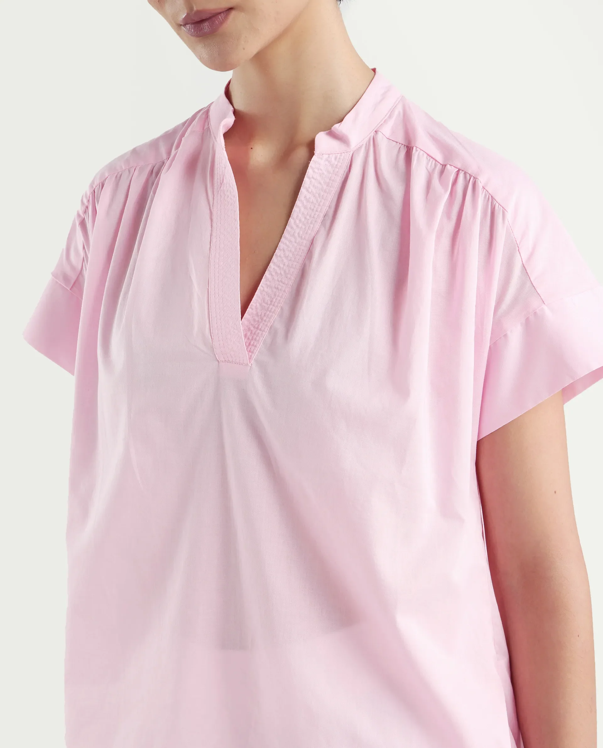 Rareism Women's Nupto Pastel Pink Cotton Extended Sleeves Mandarin Collar Relaxed Fit Plain Top - Image 4