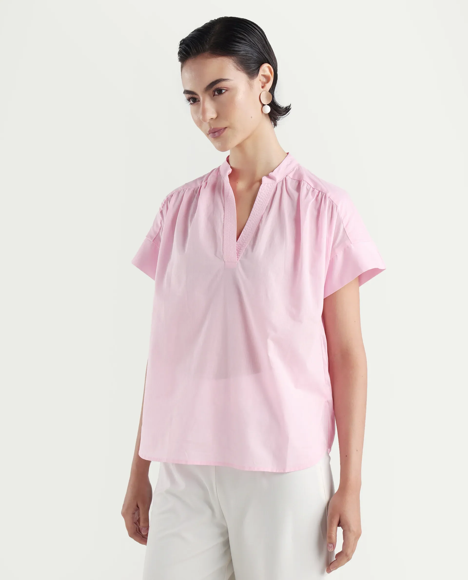 Rareism Women's Nupto Pastel Pink Cotton Extended Sleeves Mandarin Collar Relaxed Fit Plain Top - Image 5