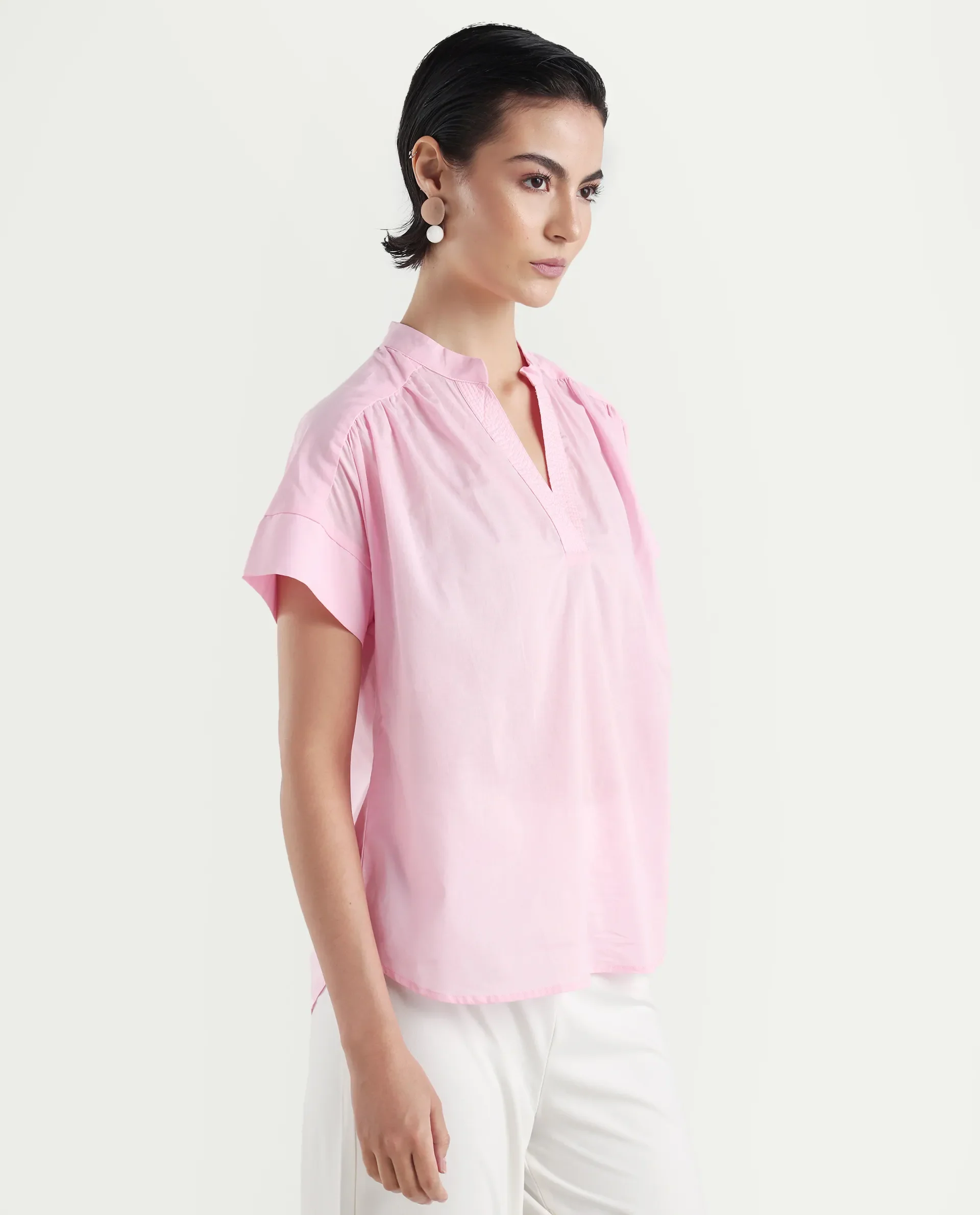 Rareism Women's Nupto Pastel Pink Cotton Extended Sleeves Mandarin Collar Relaxed Fit Plain Top - Image 6