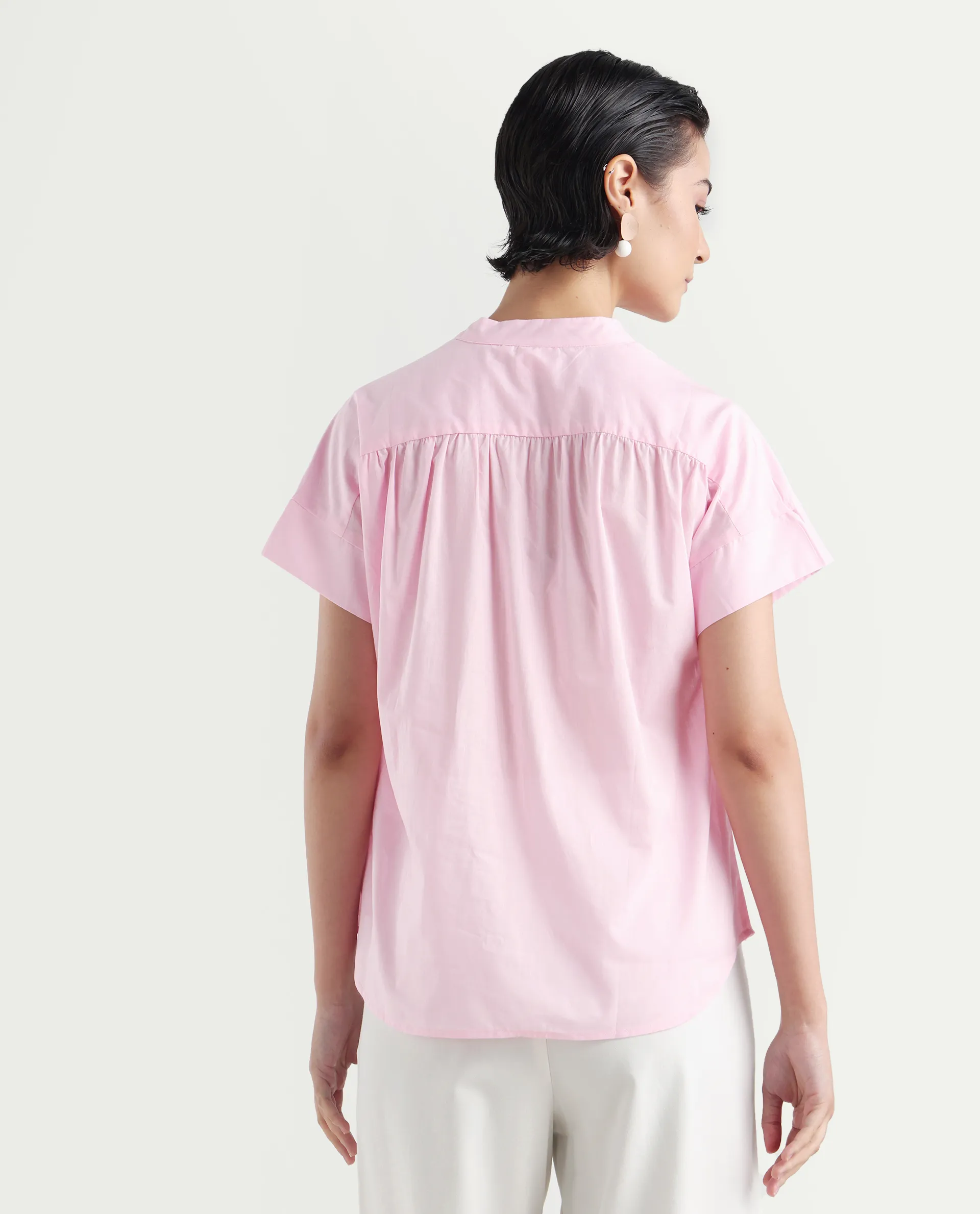 Rareism Women's Nupto Pastel Pink Cotton Extended Sleeves Mandarin Collar Relaxed Fit Plain Top - Image 7