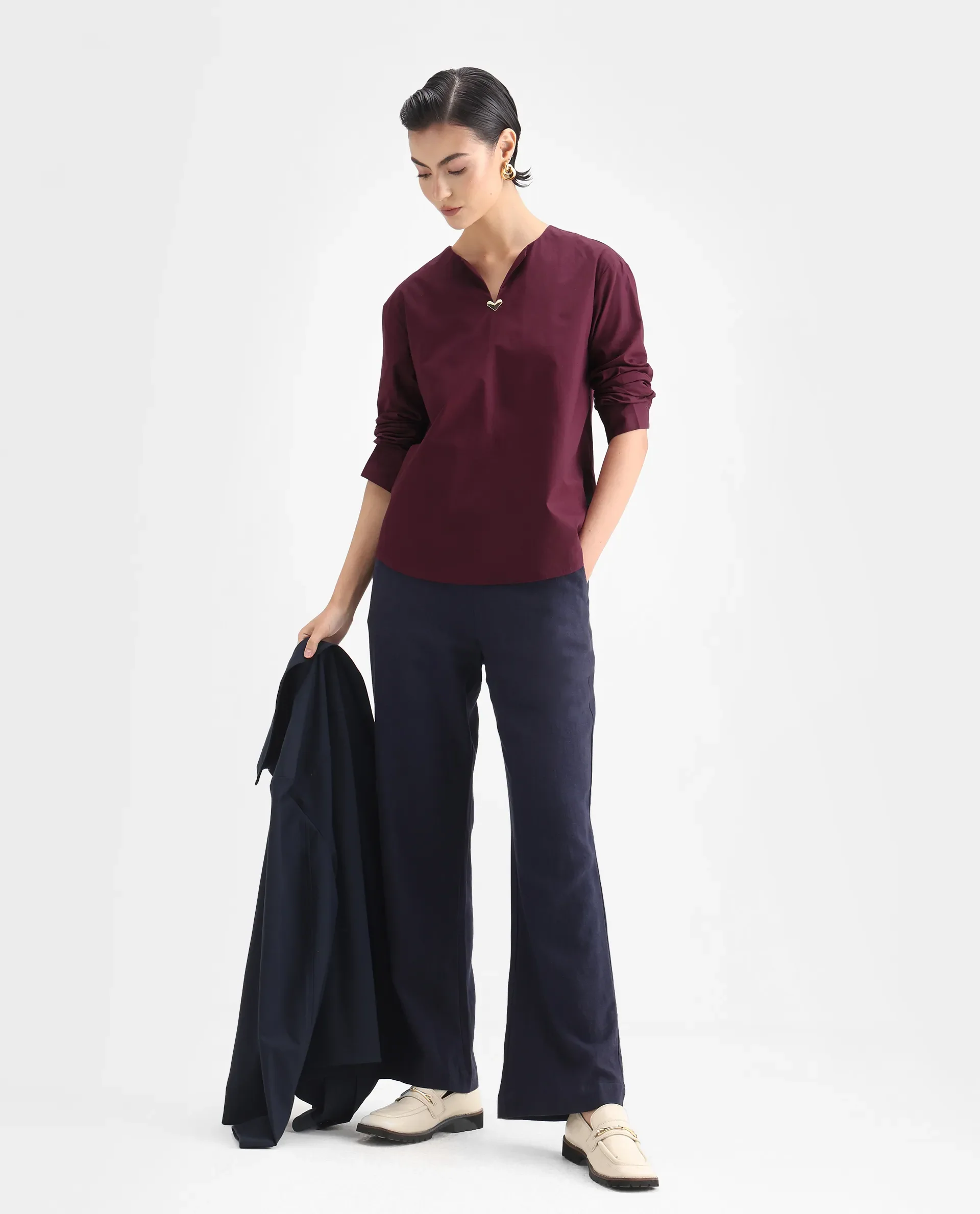 Rareism Women's Nura Maroon Cotton Cuffed Sleeve Collared Neck Regular Fit Top - Image 2