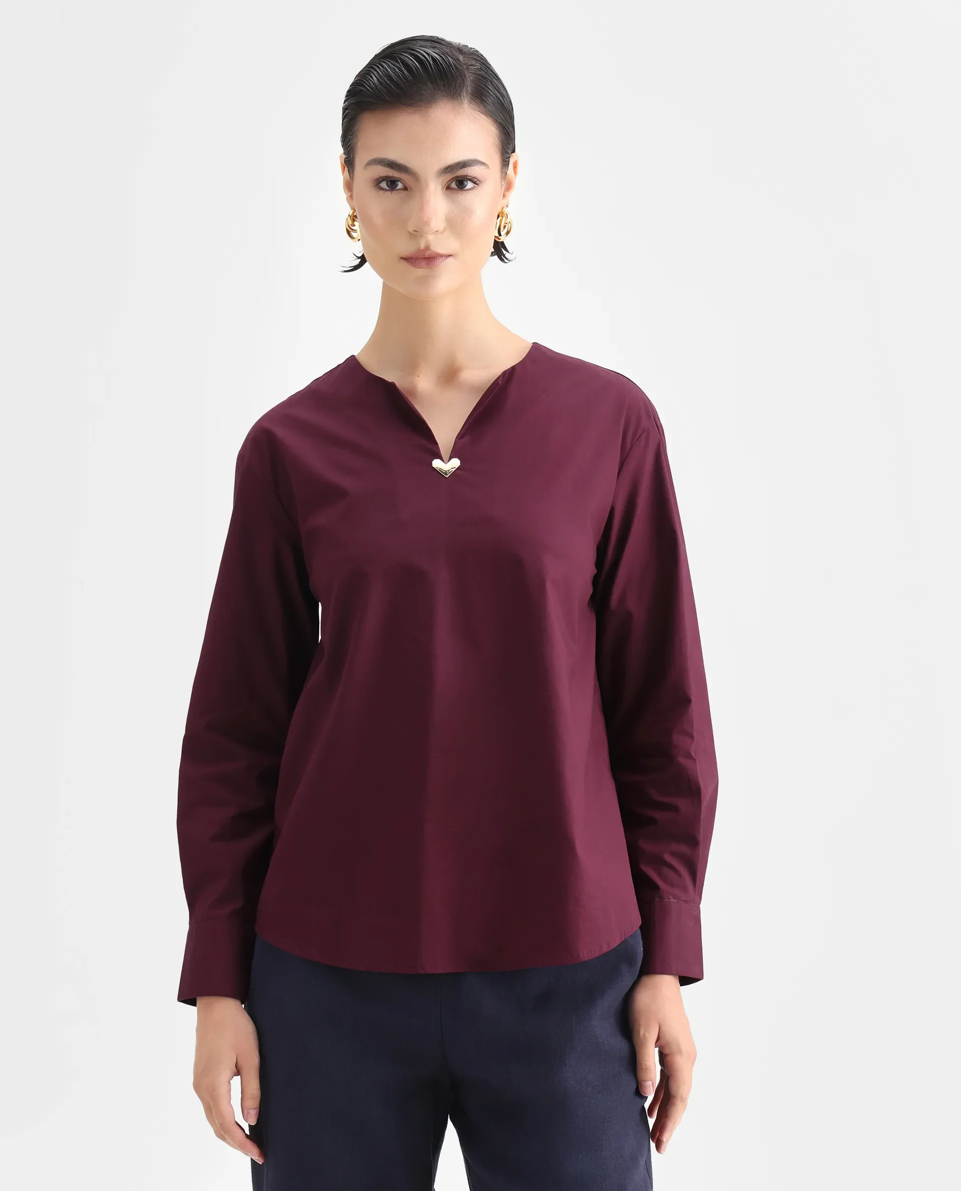 Rareism Women's Nura Maroon Cotton Cuffed Sleeve Collared Neck Regular Fit Top - Image 3