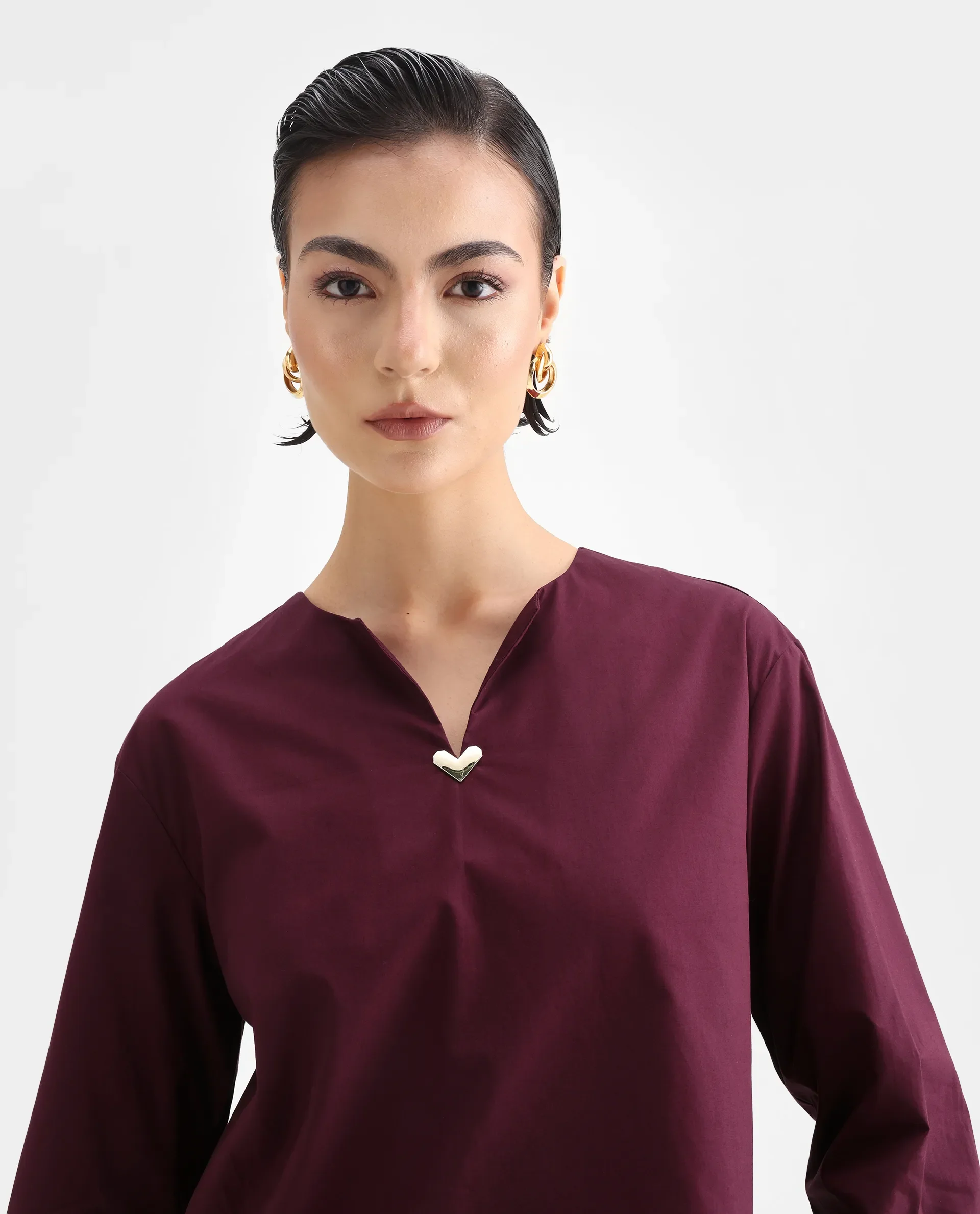 Rareism Women's Nura Maroon Cotton Cuffed Sleeve Collared Neck Regular Fit Top - Image 4