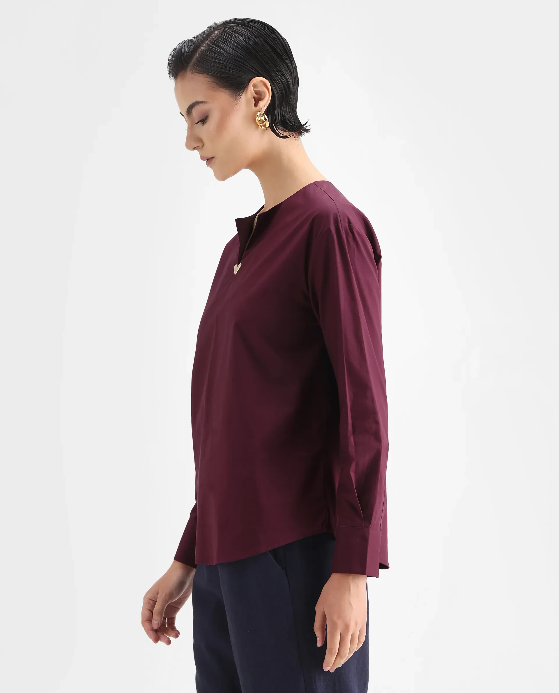 Rareism Women's Nura Maroon Cotton Cuffed Sleeve Collared Neck Regular Fit Top - Image 5