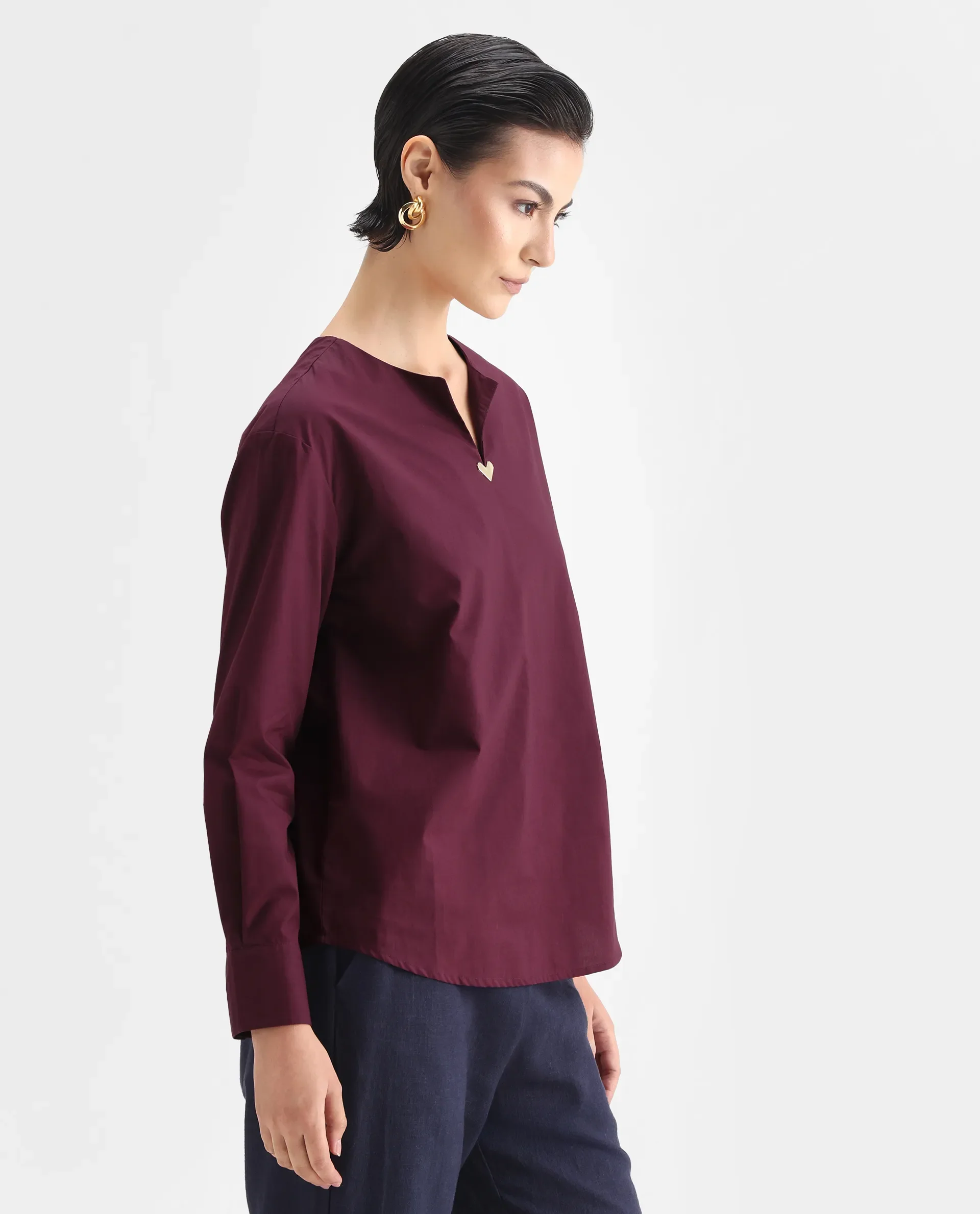 Rareism Women's Nura Maroon Cotton Cuffed Sleeve Collared Neck Regular Fit Top - Image 6