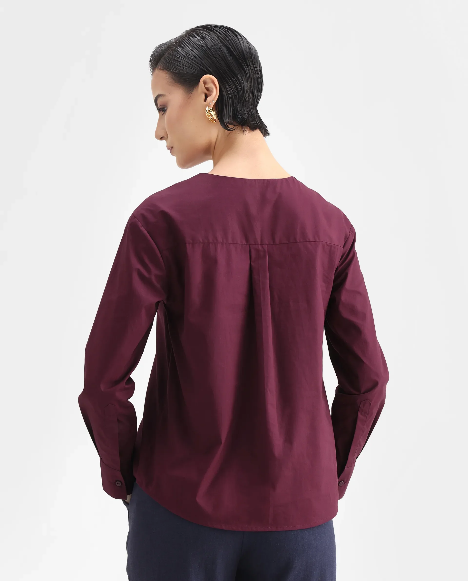 Rareism Women's Nura Maroon Cotton Cuffed Sleeve Collared Neck Regular Fit Top - Image 7