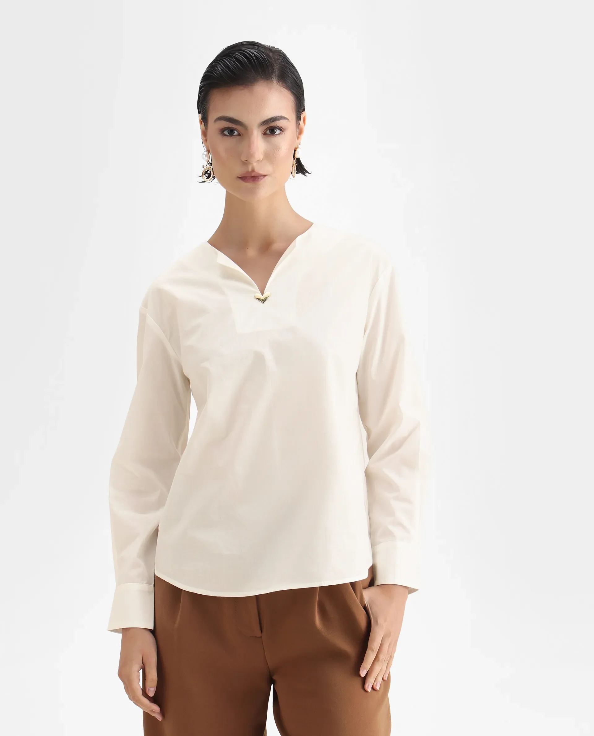 Rareism Women Nura White Collared Neck Button Closure Plain Top - Image 3