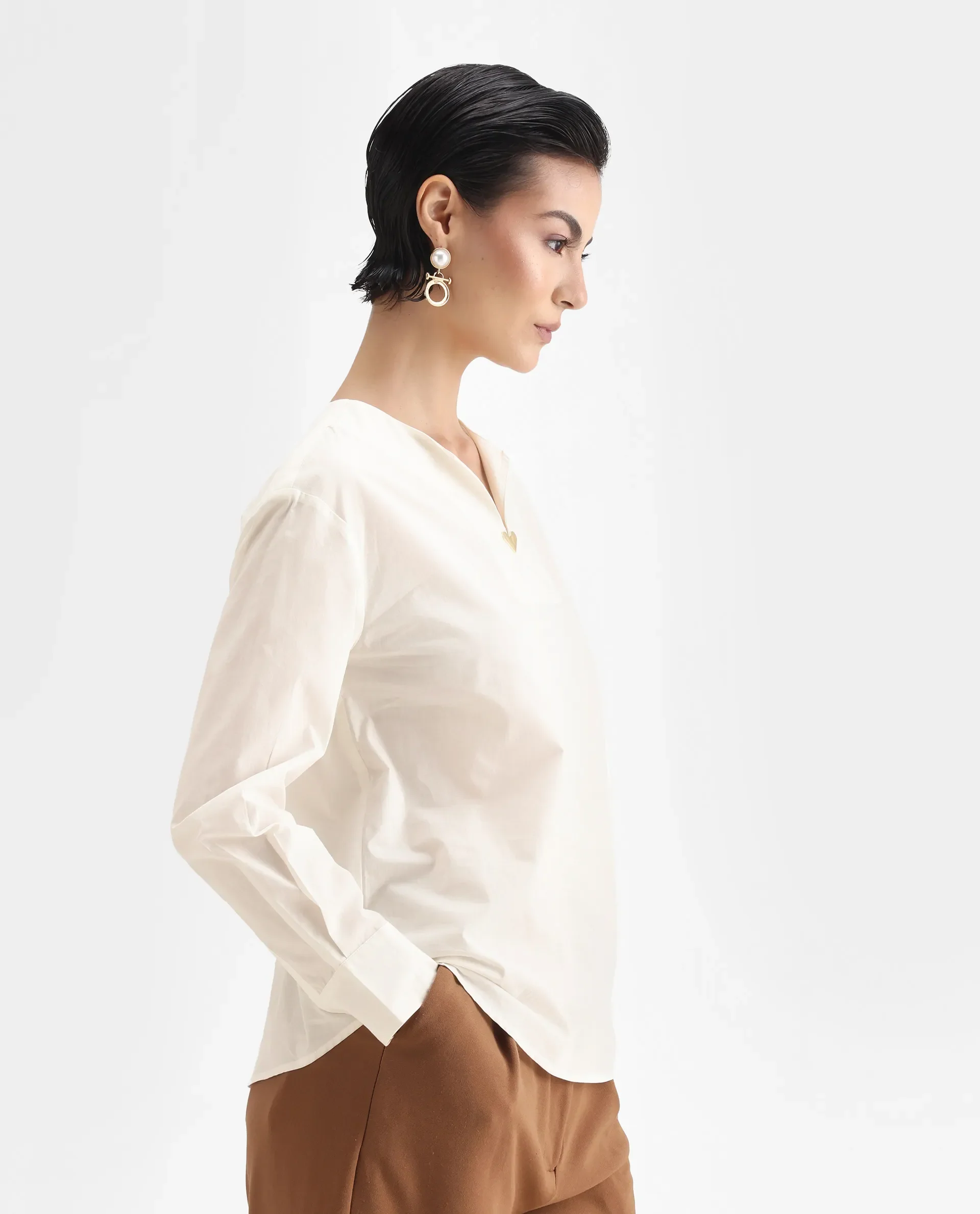 Rareism Women Nura White Collared Neck Button Closure Plain Top - Image 6