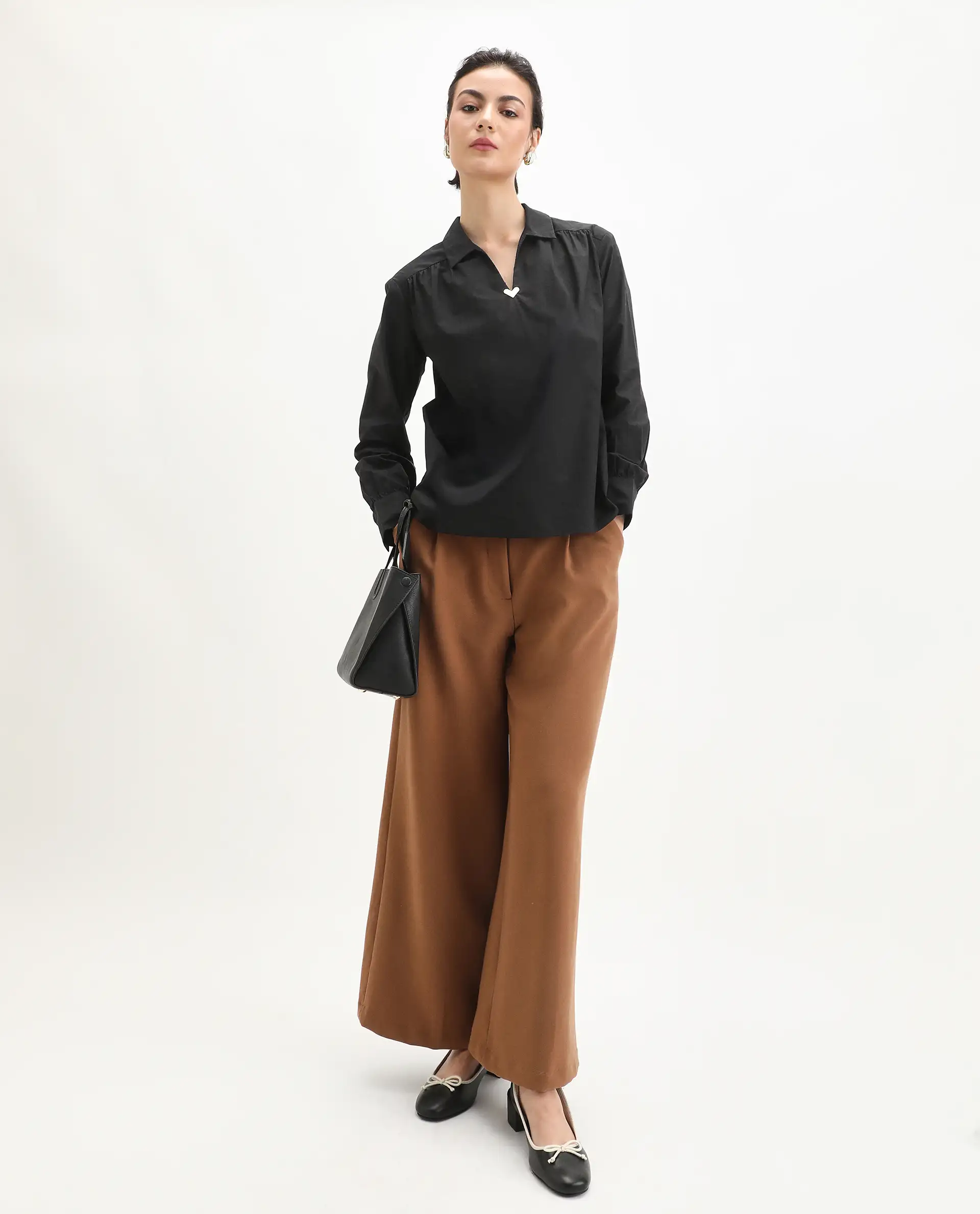 Rareism Women's Nurat Black Cotton Cuffed Sleeve Collared Neck Regular Fit Plain Top - Image 2