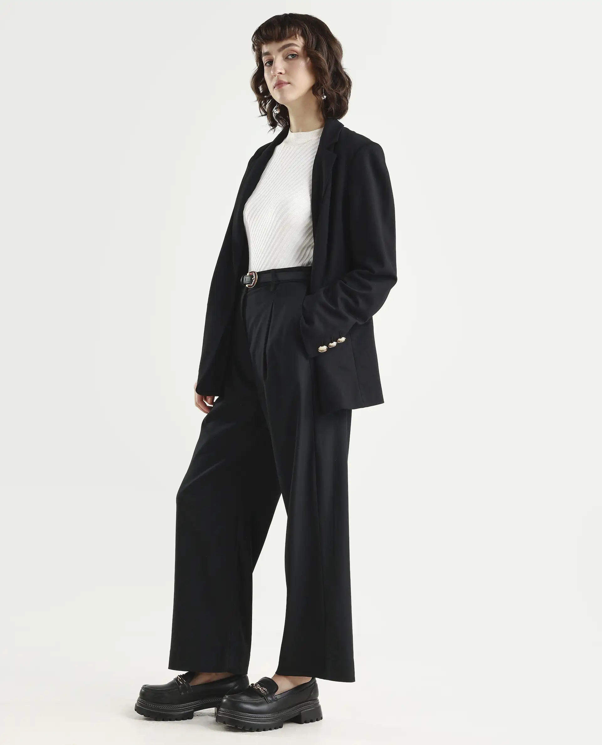 Rareism Women's Nuray Black Cotton Blend Plain Ankle Length Straight Fit Trouser - Image 5
