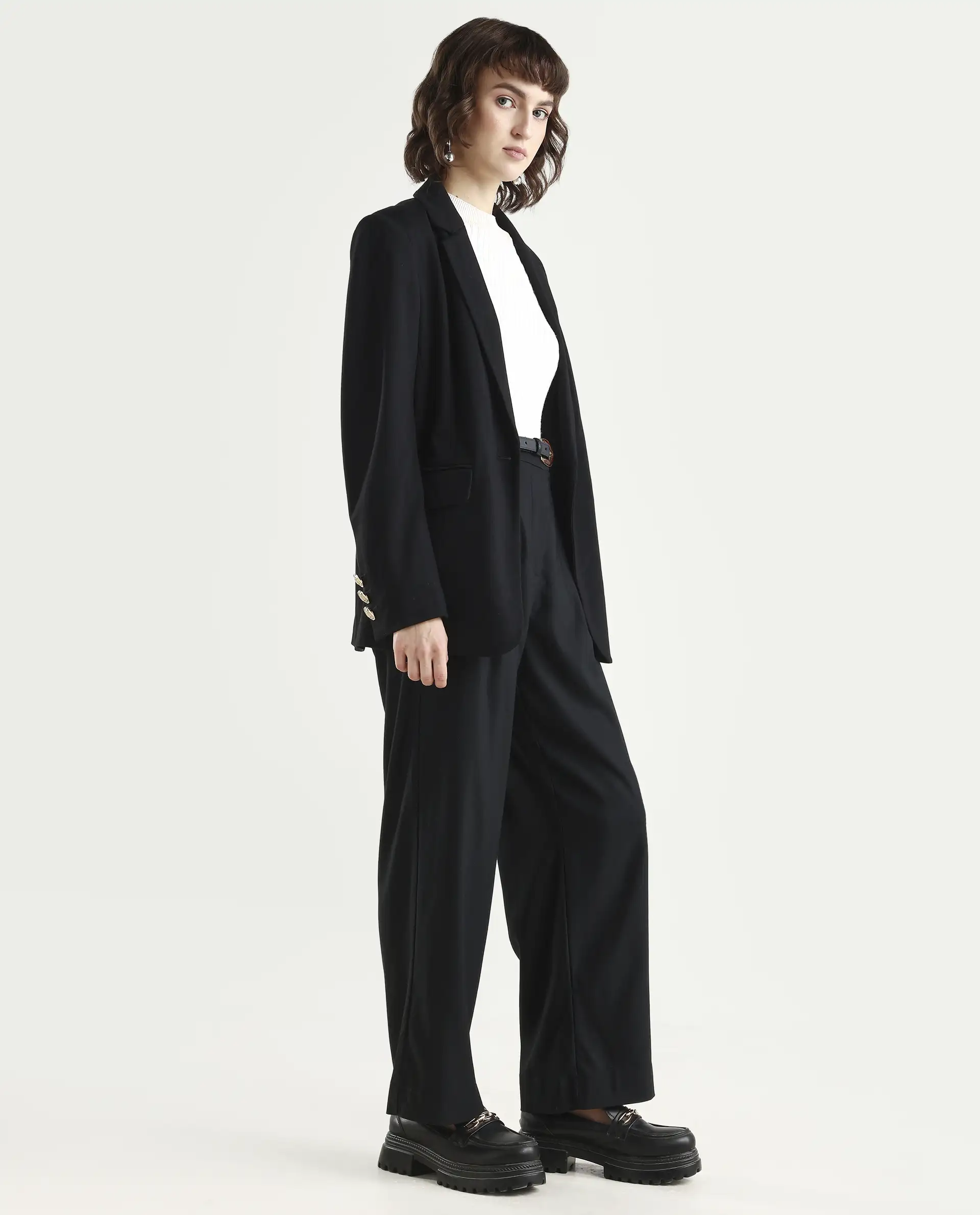 Rareism Women's Nuray Black Cotton Blend Plain Ankle Length Straight Fit Trouser - Image 6