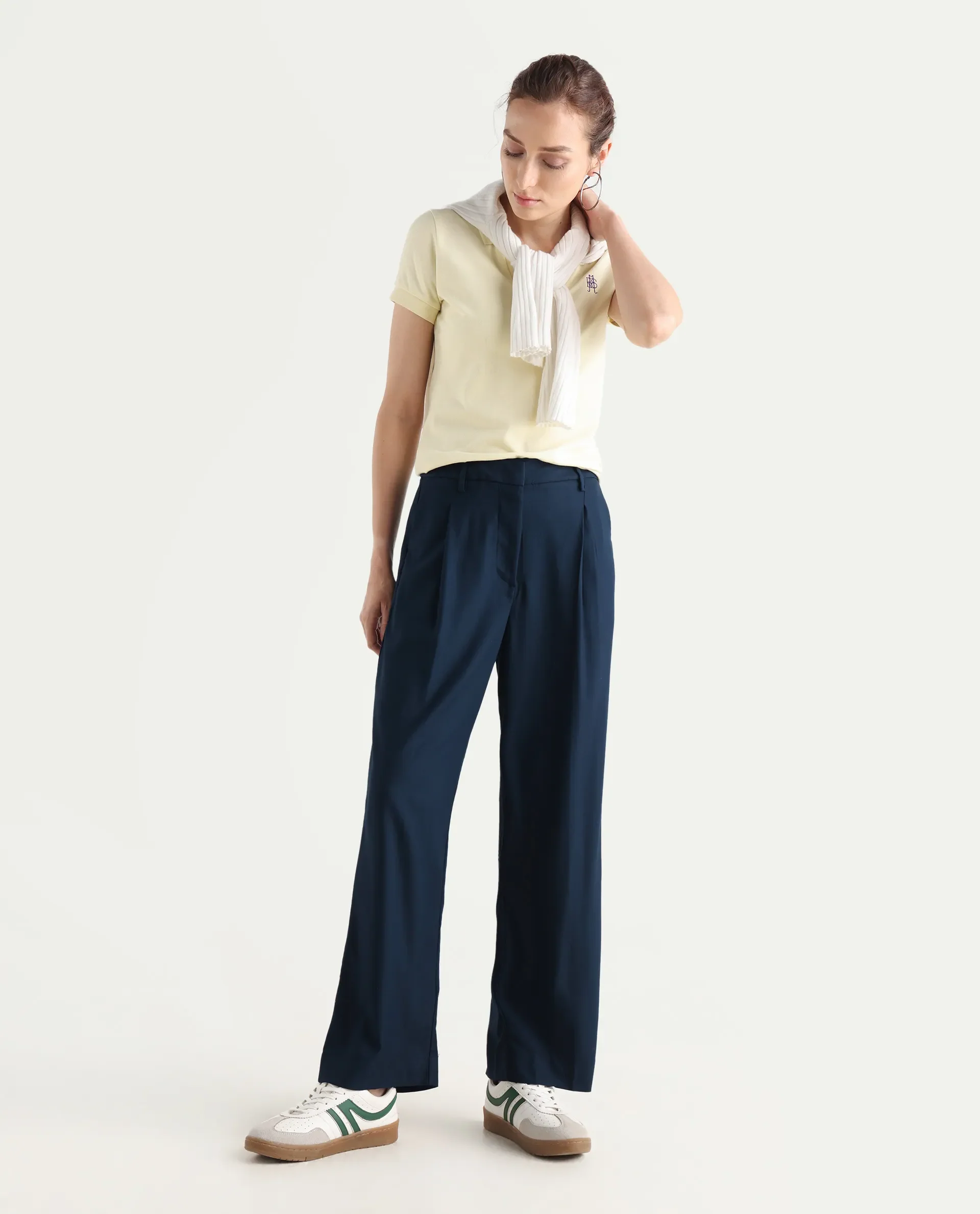 Rareism Women's Nuray Navy Cotton Plain Ankle Length Straight Fit Trouser