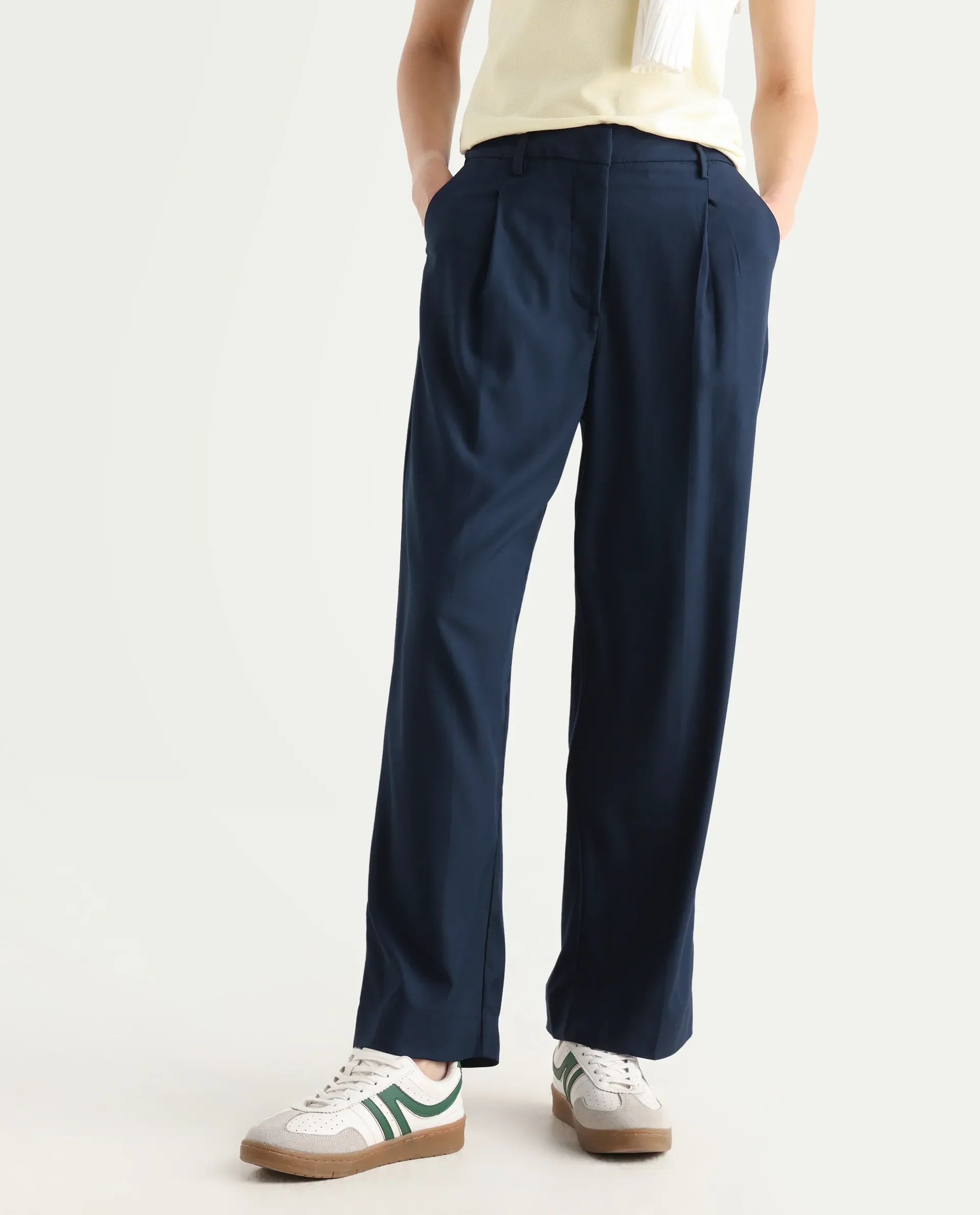 Rareism Women's Nuray Navy Cotton Plain Ankle Length Straight Fit Trouser - Image 2