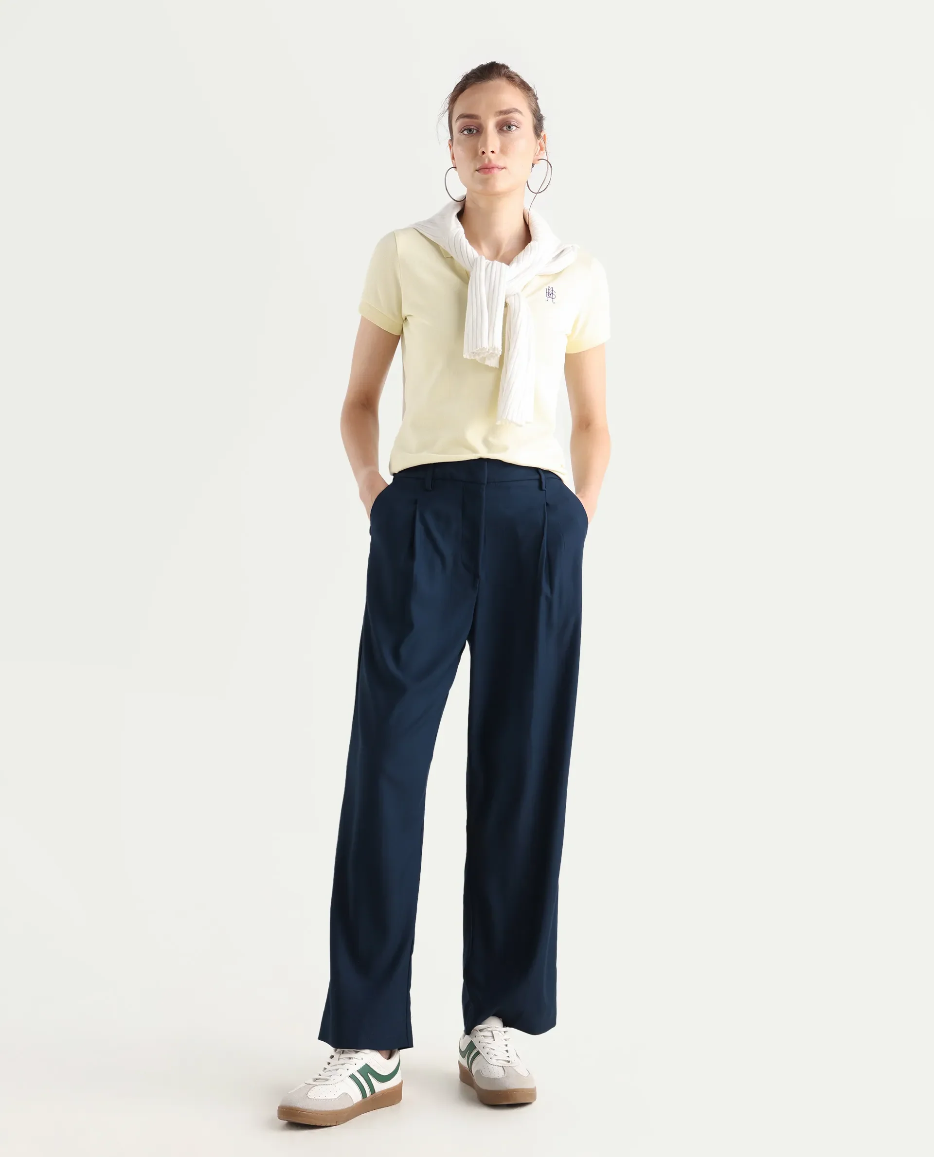 Rareism Women's Nuray Navy Cotton Plain Ankle Length Straight Fit Trouser - Image 3