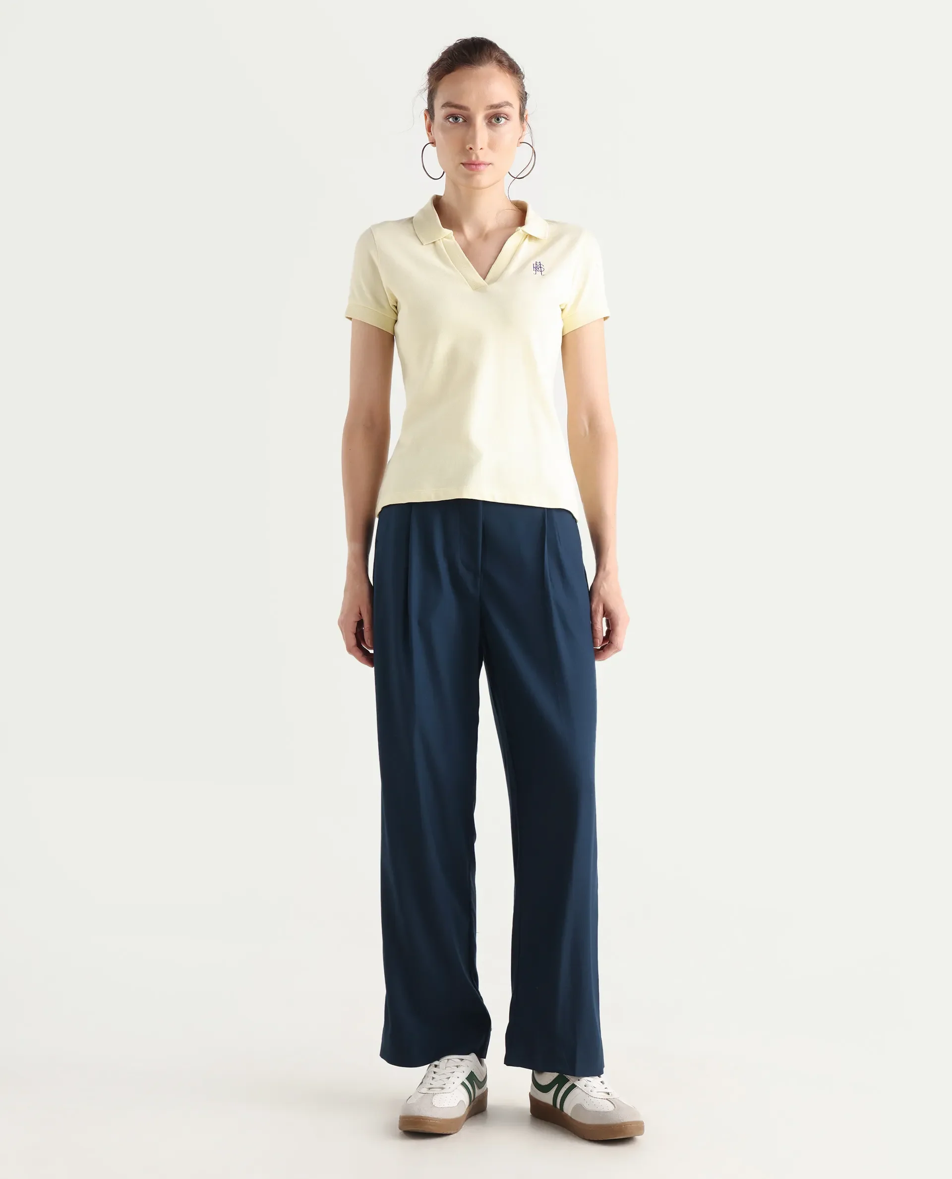 Rareism Women's Nuray Navy Cotton Plain Ankle Length Straight Fit Trouser - Image 4