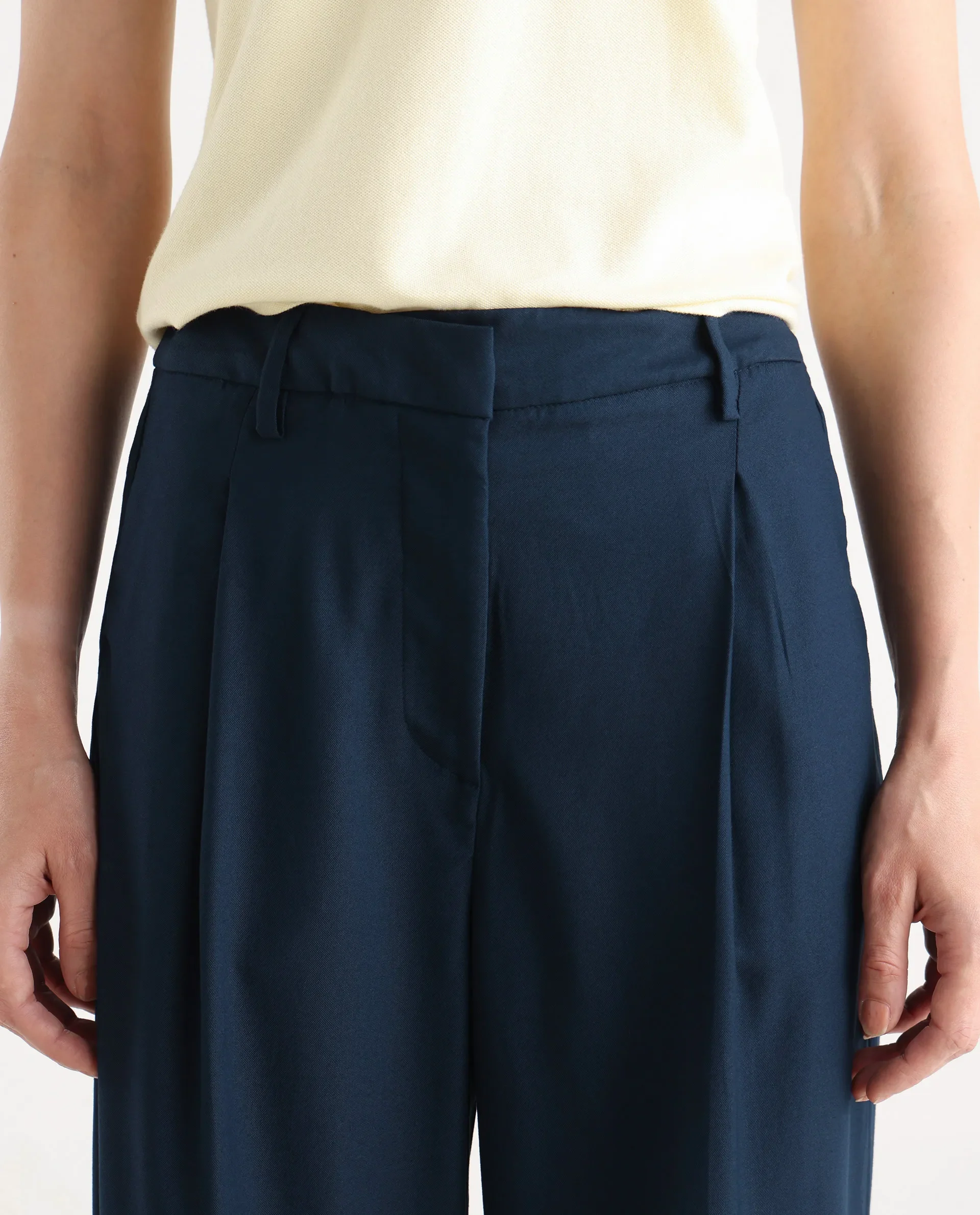 Rareism Women's Nuray Navy Cotton Plain Ankle Length Straight Fit Trouser - Image 5