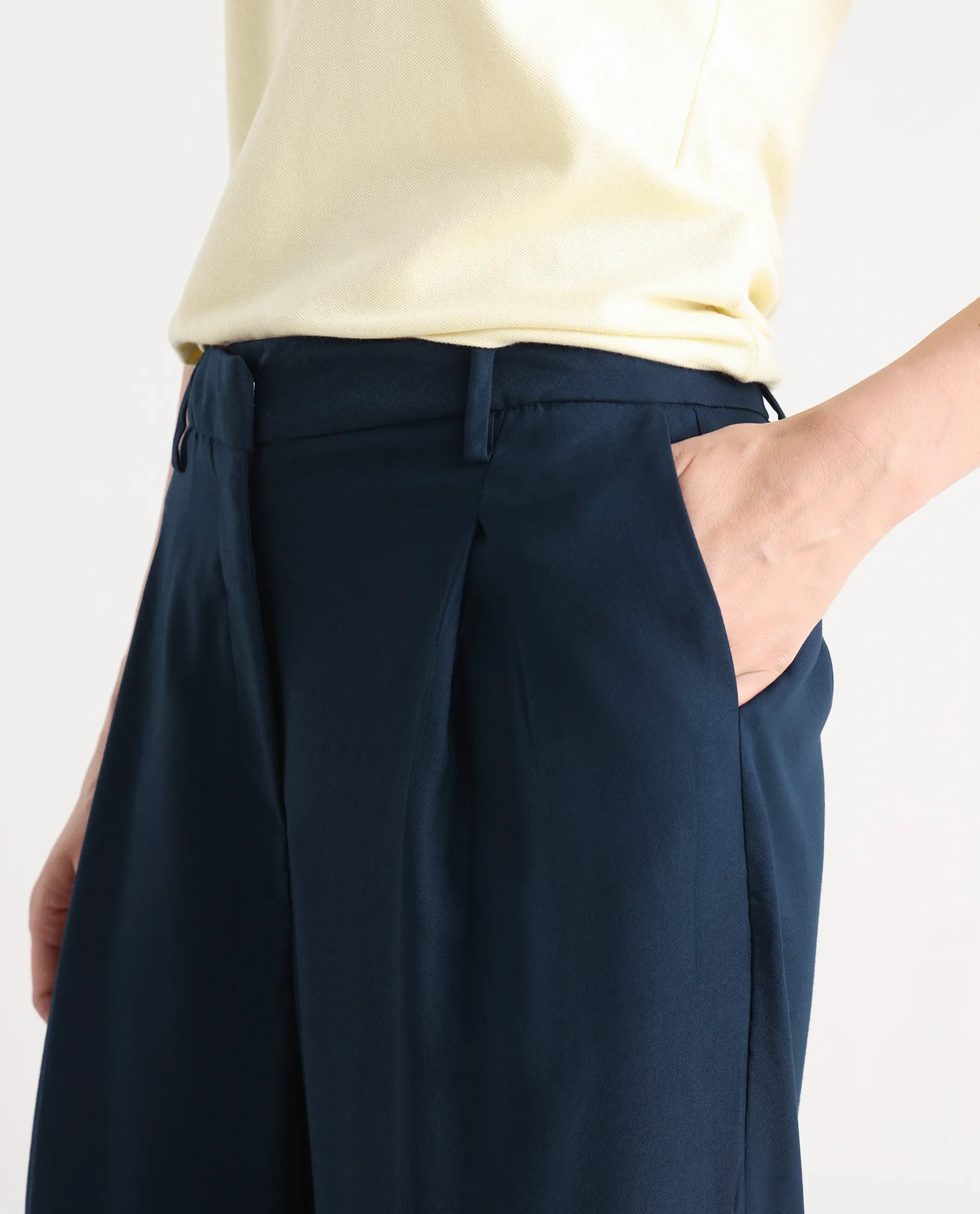 Rareism Women's Nuray Navy Cotton Plain Ankle Length Straight Fit Trouser - Image 6