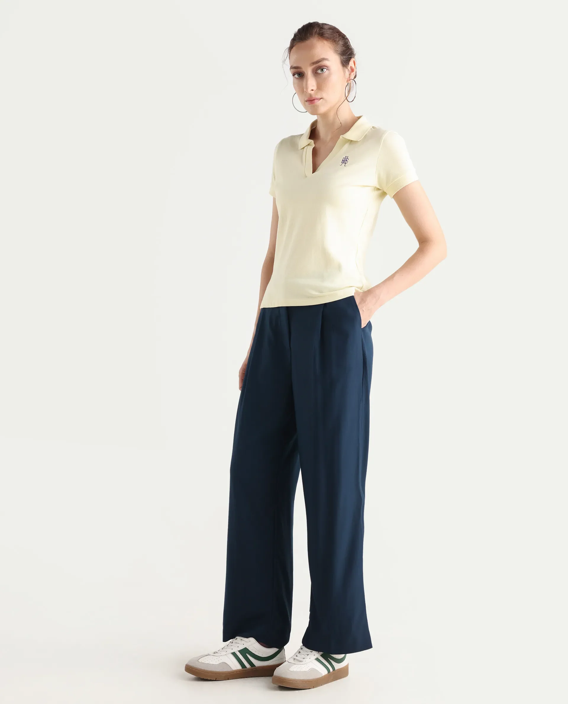 Rareism Women's Nuray Navy Cotton Plain Ankle Length Straight Fit Trouser - Image 7