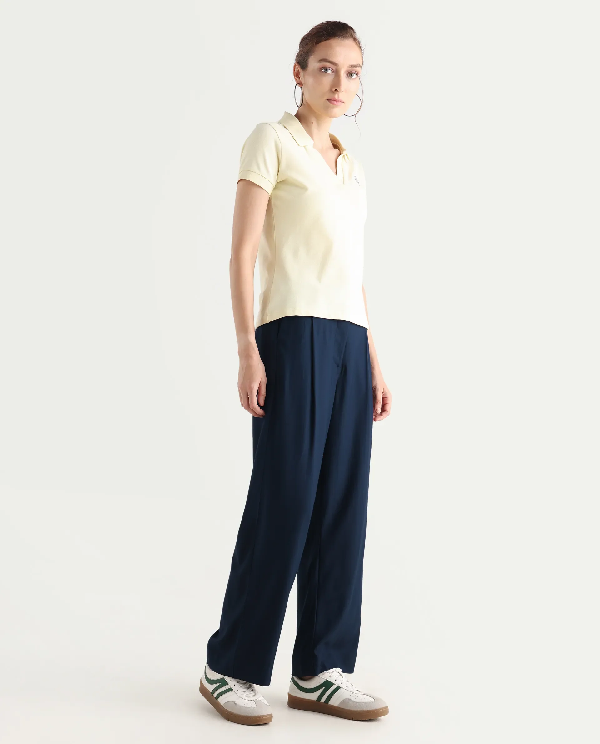 Rareism Women's Nuray Navy Cotton Plain Ankle Length Straight Fit Trouser - Image 8