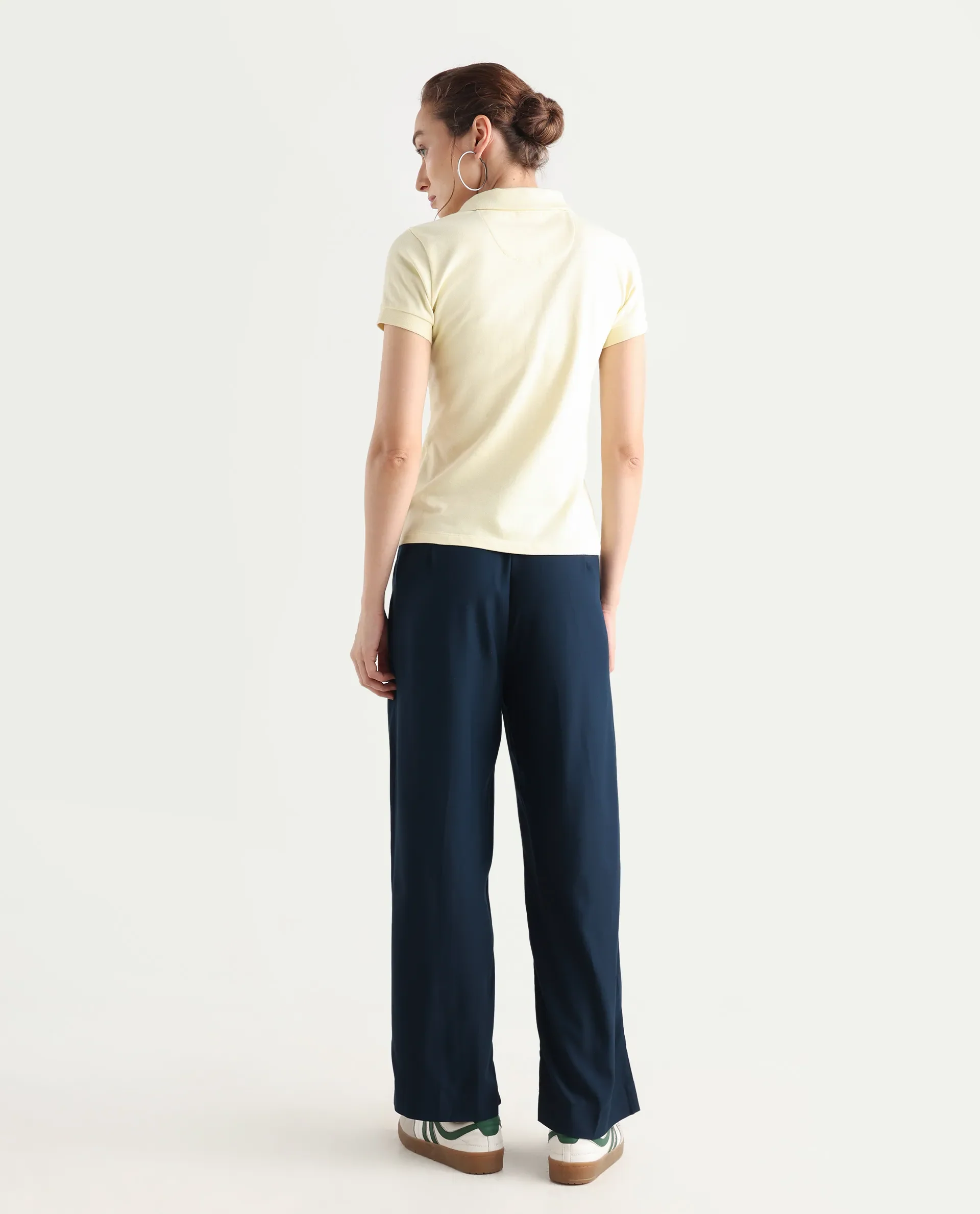 Rareism Women's Nuray Navy Cotton Plain Ankle Length Straight Fit Trouser - Image 9