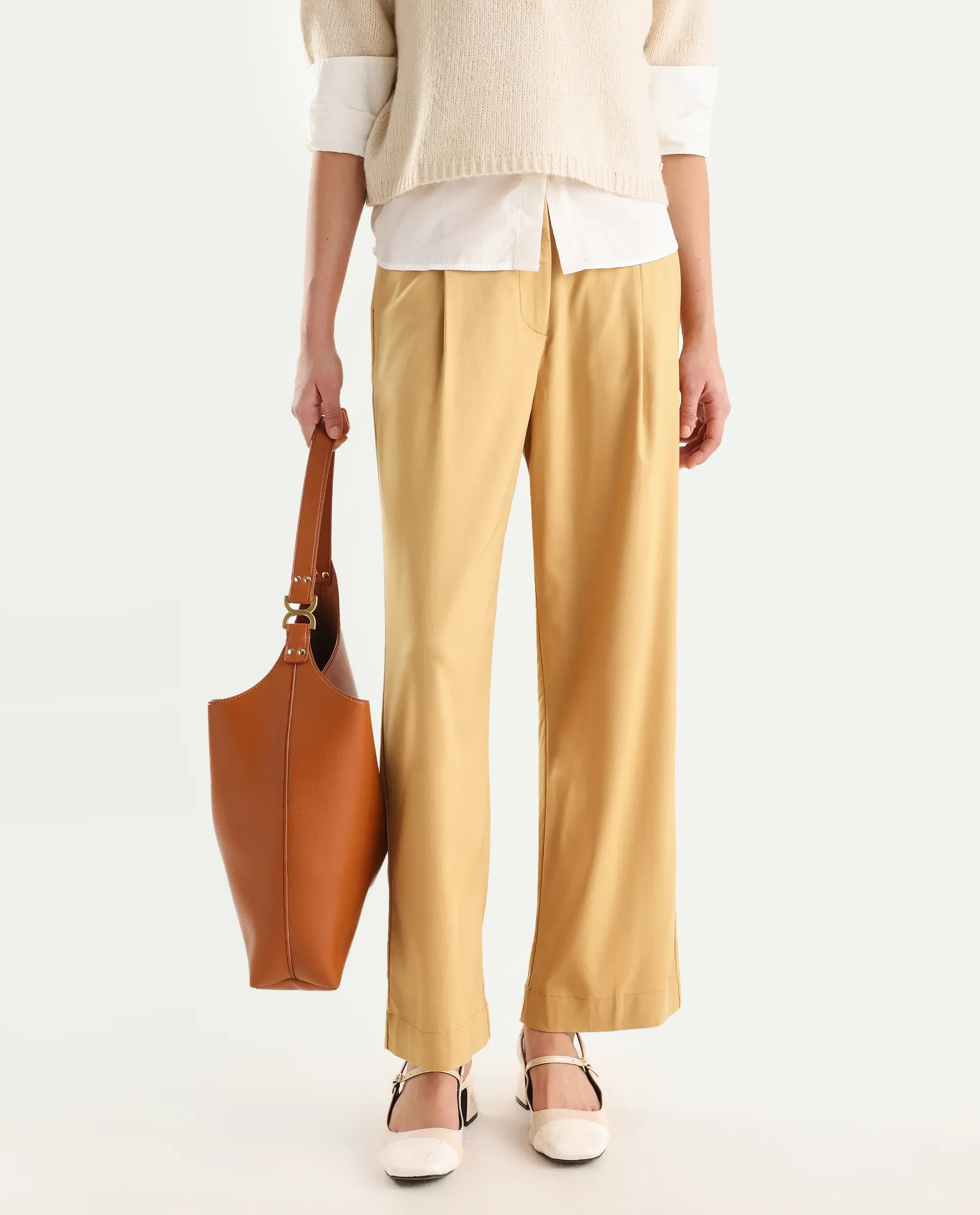 Rareism Women's Nuray Tan Cotton Plain Ankle Length Straight Fit Trouser - Image 2