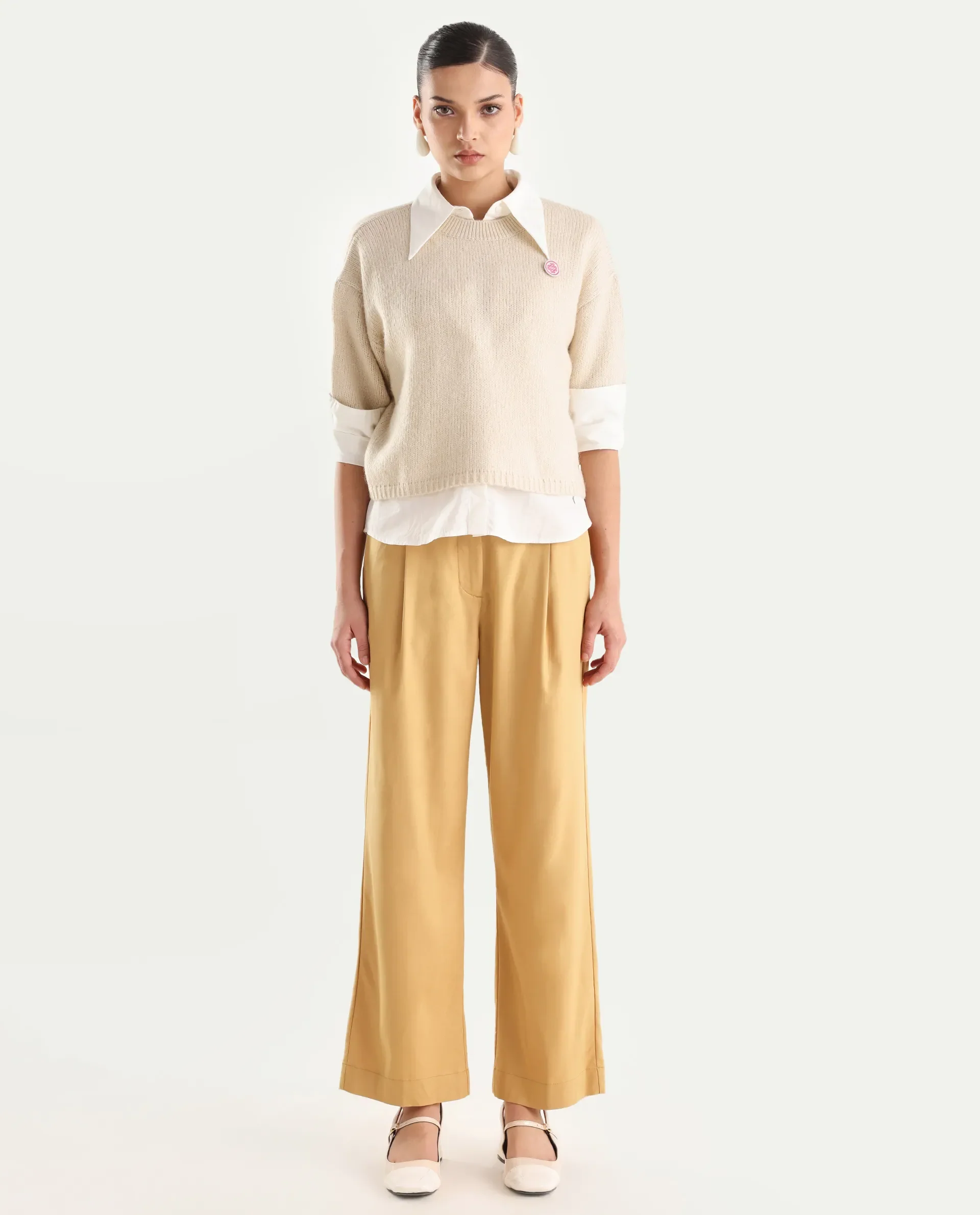 Rareism Women's Nuray Tan Cotton Plain Ankle Length Straight Fit Trouser - Image 3