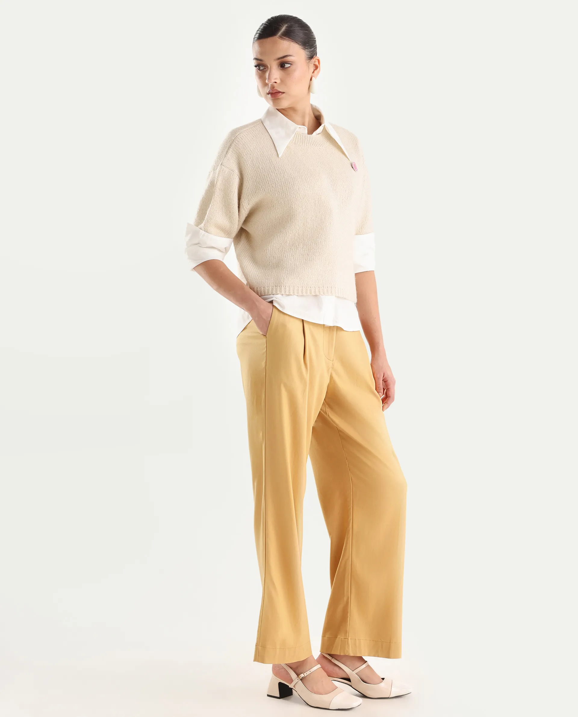 Rareism Women's Nuray Tan Cotton Plain Ankle Length Straight Fit Trouser - Image 5