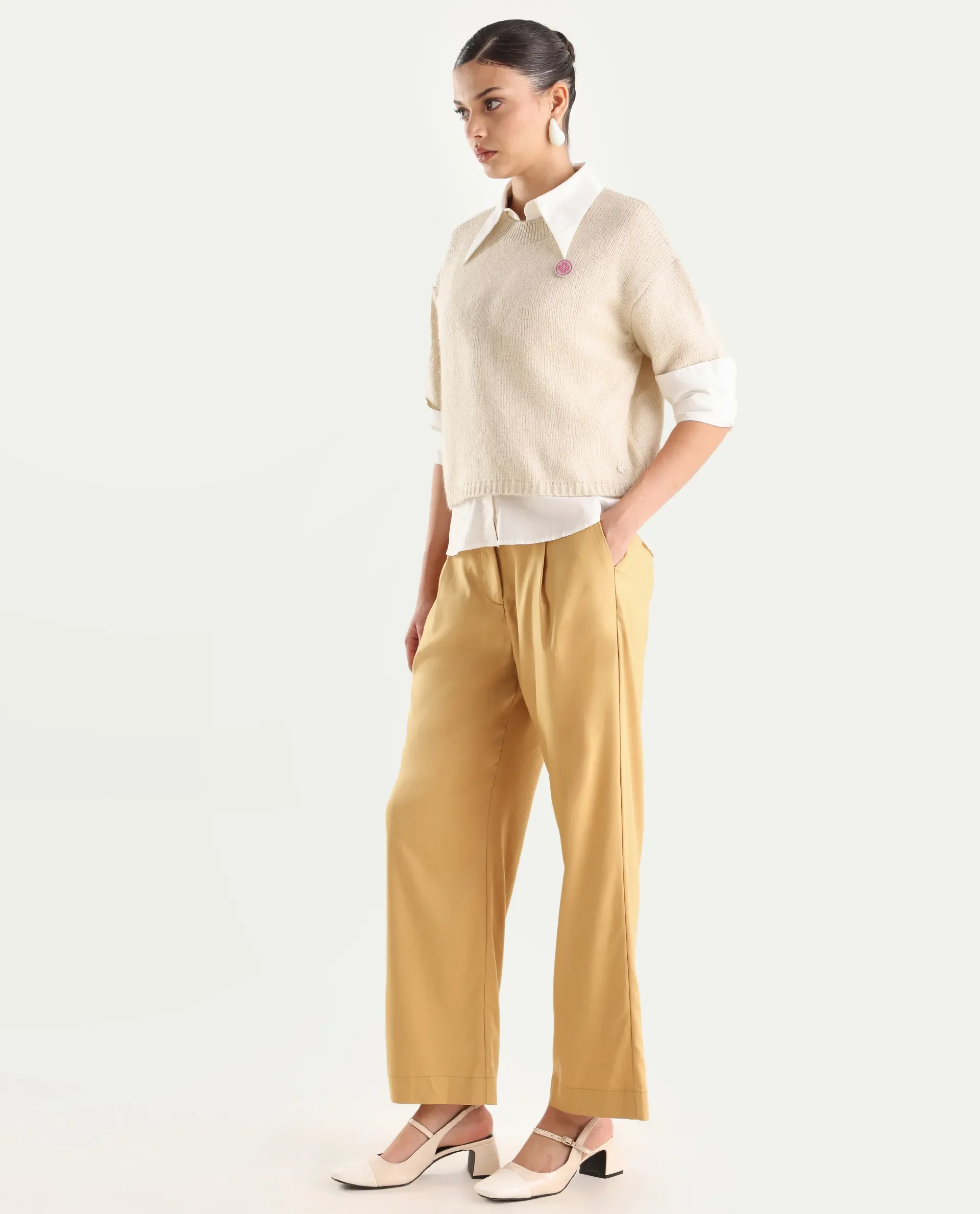 Rareism Women's Nuray Tan Cotton Plain Ankle Length Straight Fit Trouser - Image 6