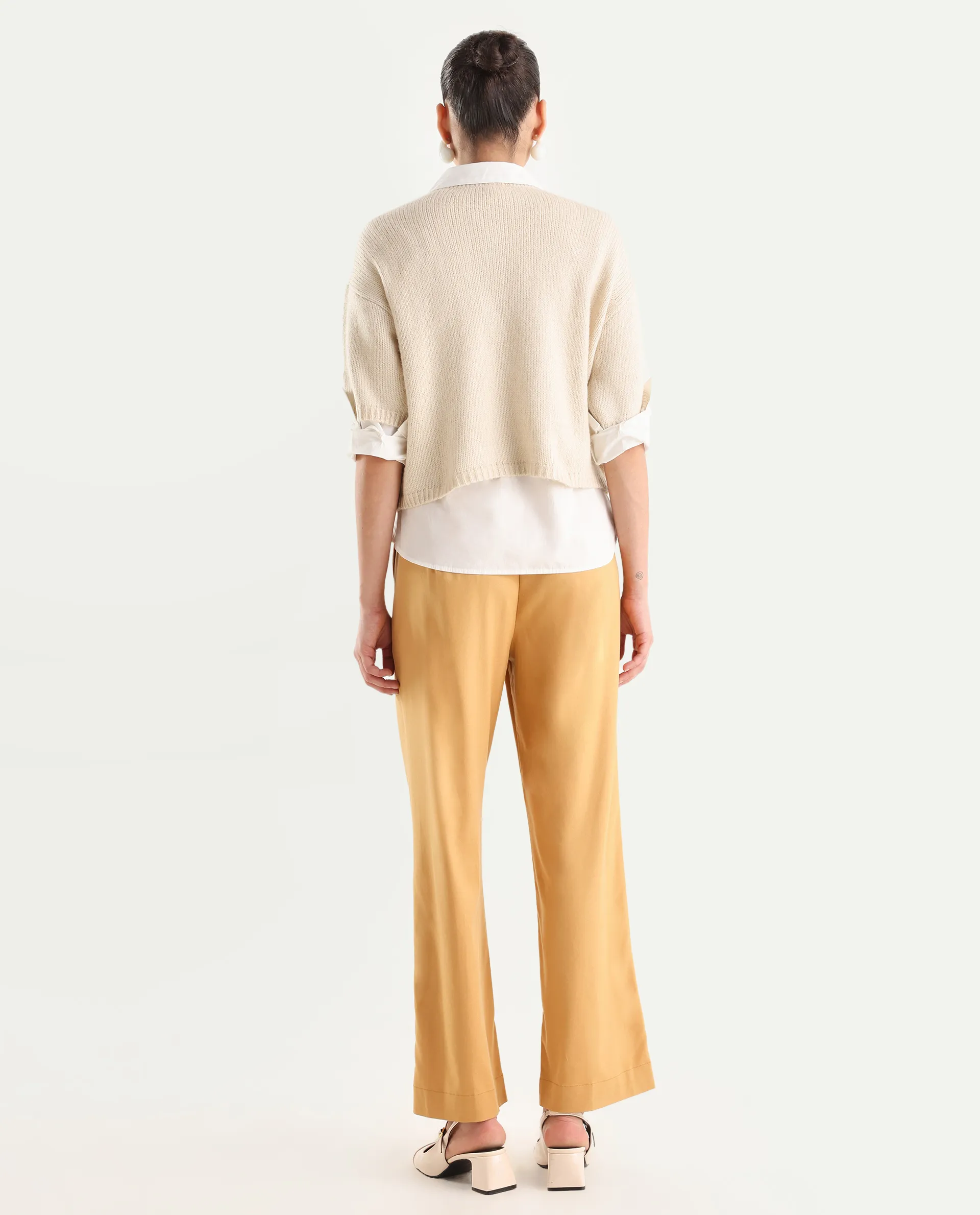 Rareism Women's Nuray Tan Cotton Plain Ankle Length Straight Fit Trouser - Image 7