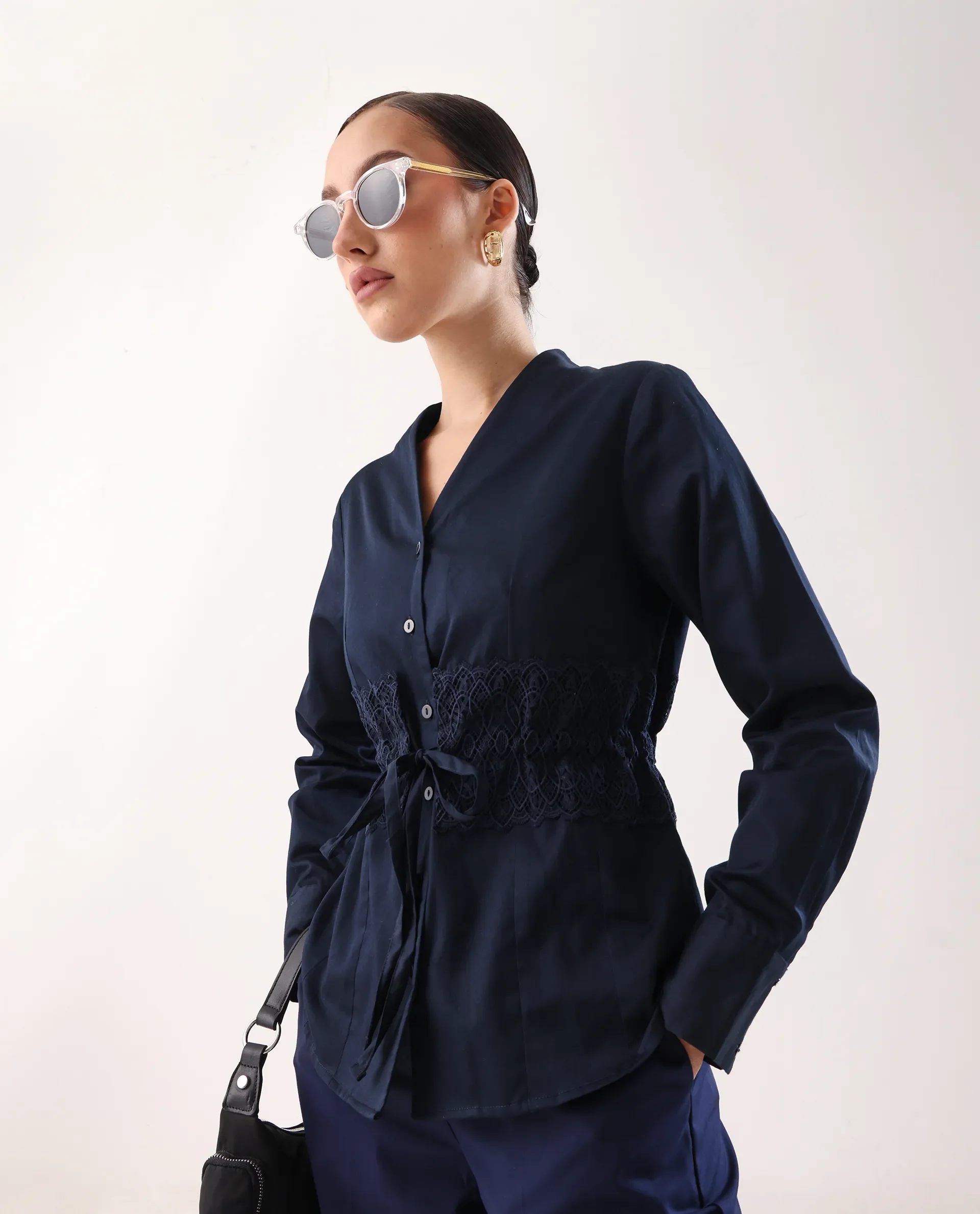 Rareism Women's Nurem Navy Cotton Cuffed Sleeve Built-Up Collar Regular Fit Plain Top