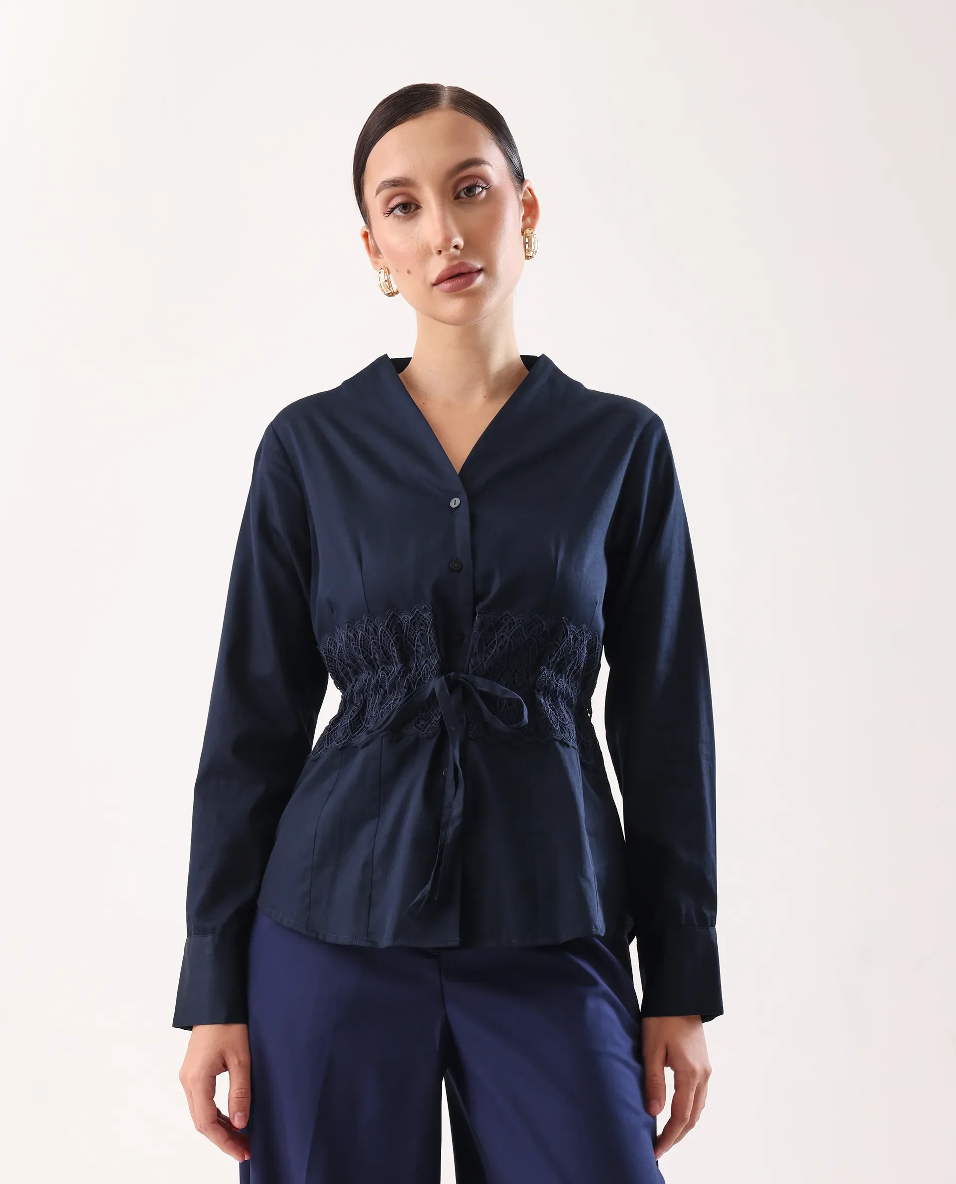 Rareism Women's Nurem Navy Cotton Cuffed Sleeve Built-Up Collar Regular Fit Plain Top - Image 2