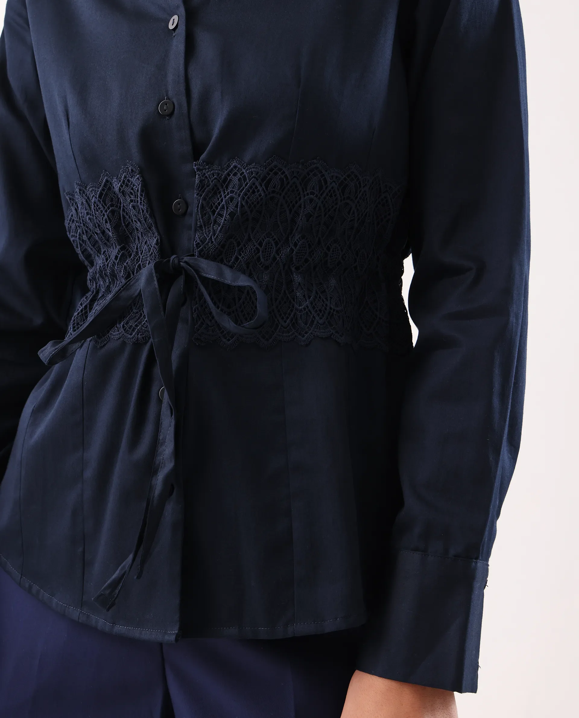 Rareism Women's Nurem Navy Cotton Cuffed Sleeve Built-Up Collar Regular Fit Plain Top - Image 3