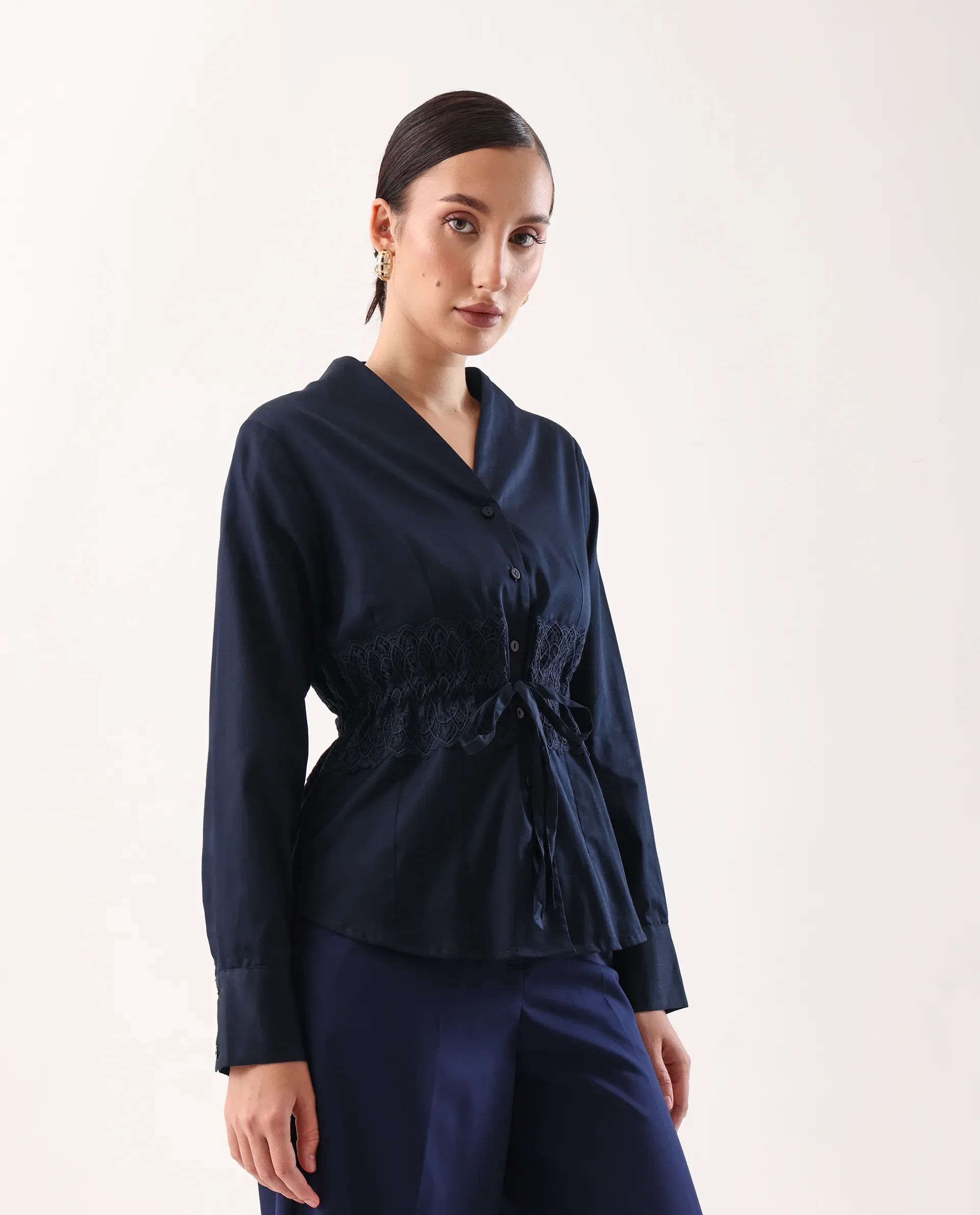 Rareism Women's Nurem Navy Cotton Cuffed Sleeve Built-Up Collar Regular Fit Plain Top - Image 4
