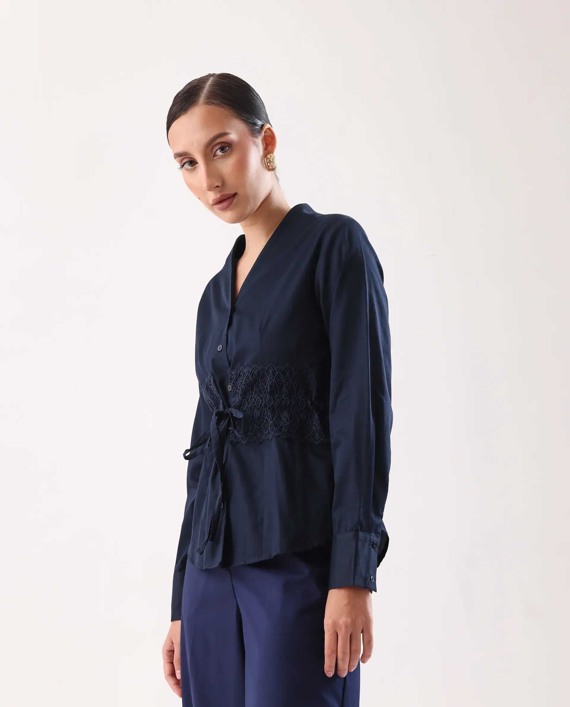 Rareism Women's Nurem Navy Cotton Cuffed Sleeve Built-Up Collar Regular Fit Plain Top - Image 5