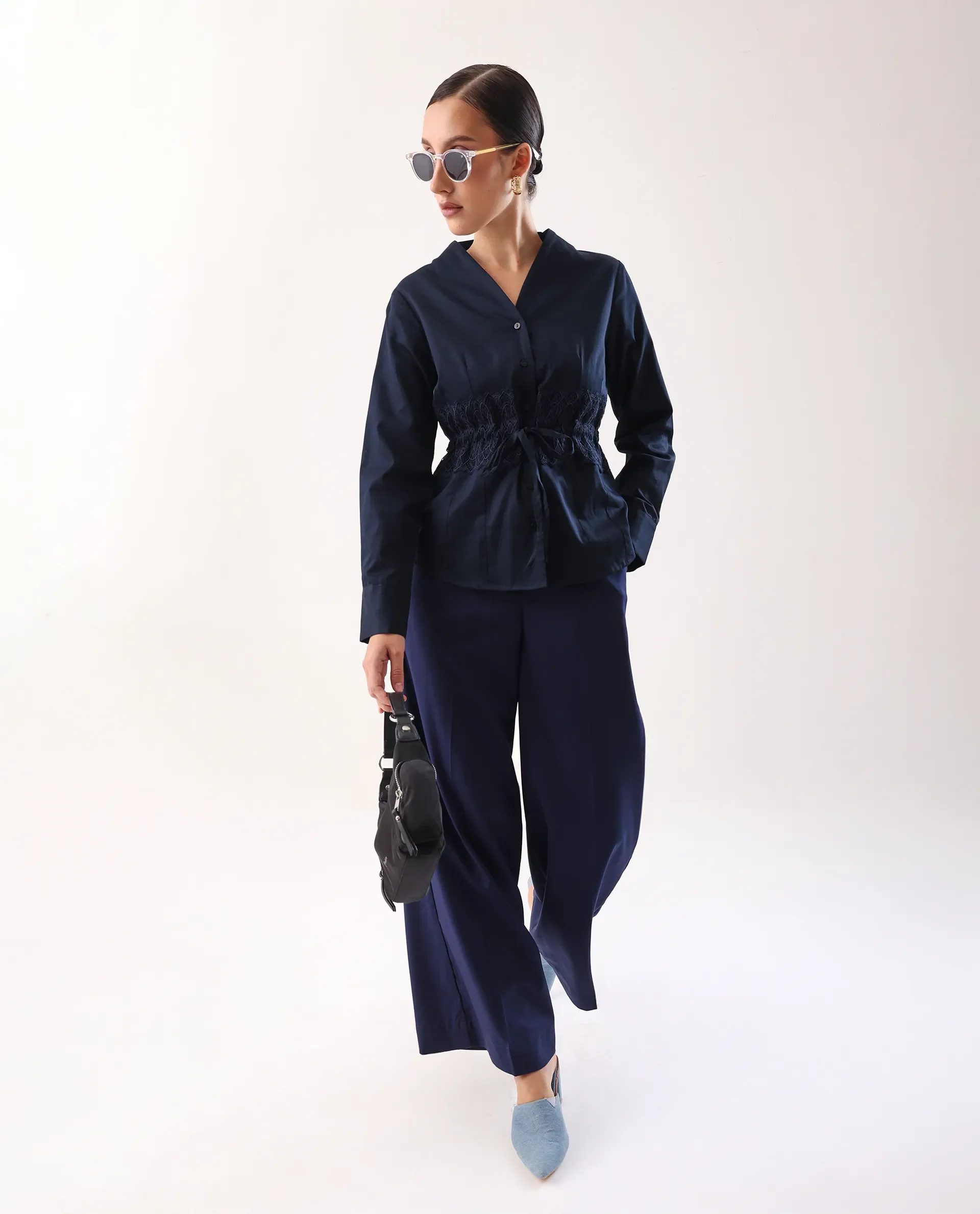 Rareism Women's Nurem Navy Cotton Cuffed Sleeve Built-Up Collar Regular Fit Plain Top - Image 6