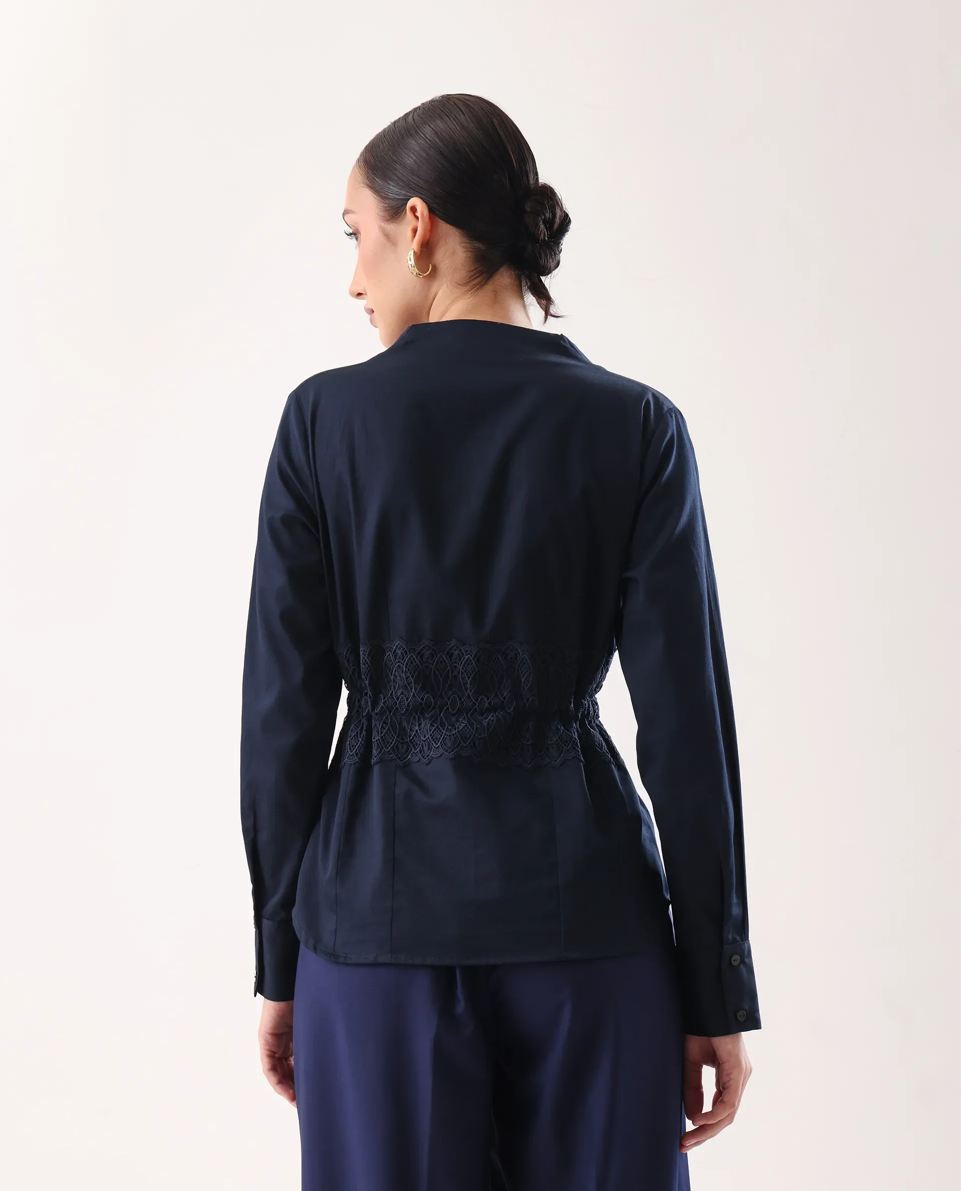 Rareism Women's Nurem Navy Cotton Cuffed Sleeve Built-Up Collar Regular Fit Plain Top - Image 7