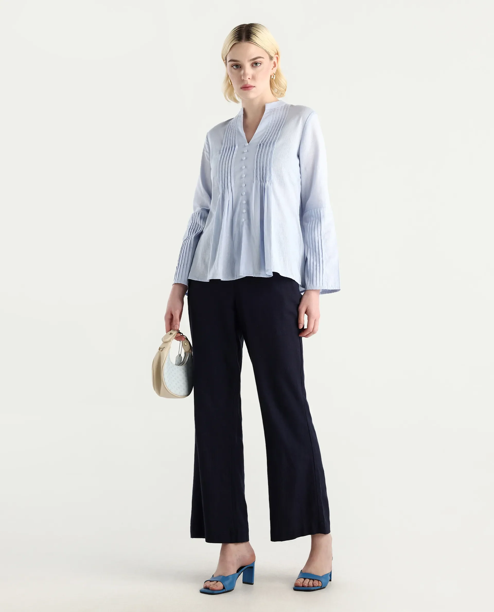 Rareism Women Nuron Blue Mandarin Collar Button Closure Relaxed Fit Plain Top - Image 2