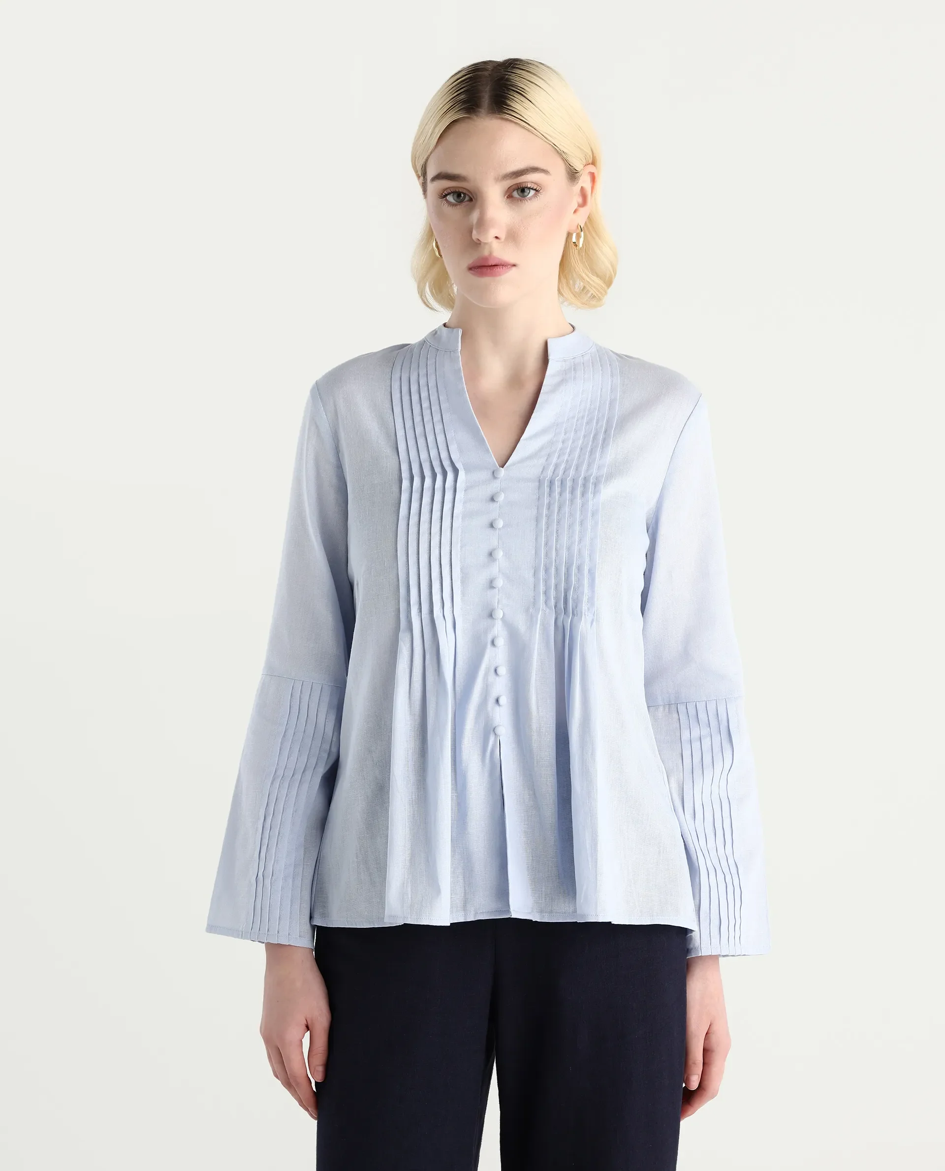 Rareism Women Nuron Blue Mandarin Collar Button Closure Relaxed Fit Plain Top - Image 3
