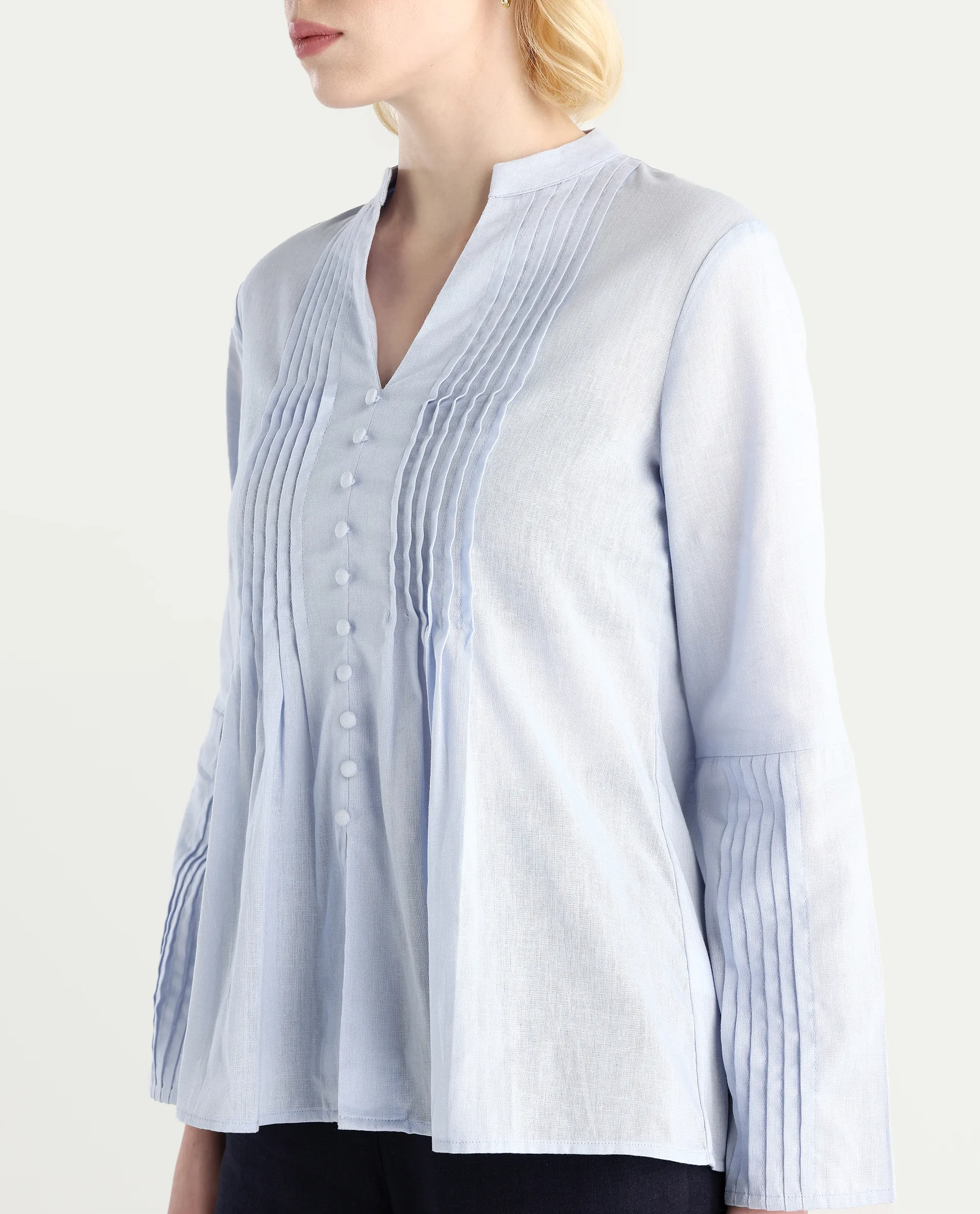 Rareism Women Nuron Blue Mandarin Collar Button Closure Relaxed Fit Plain Top - Image 4