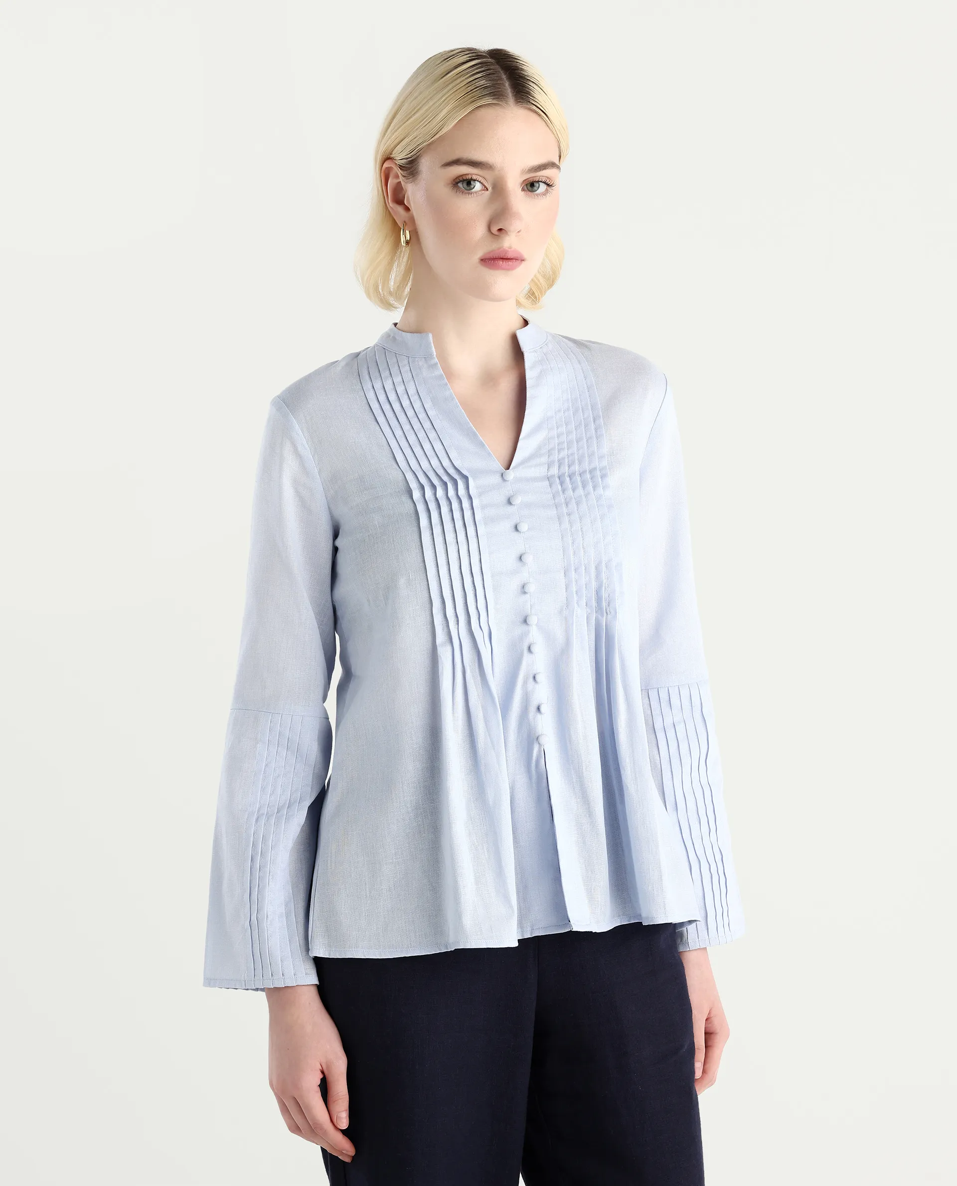 Rareism Women Nuron Blue Mandarin Collar Button Closure Relaxed Fit Plain Top - Image 5