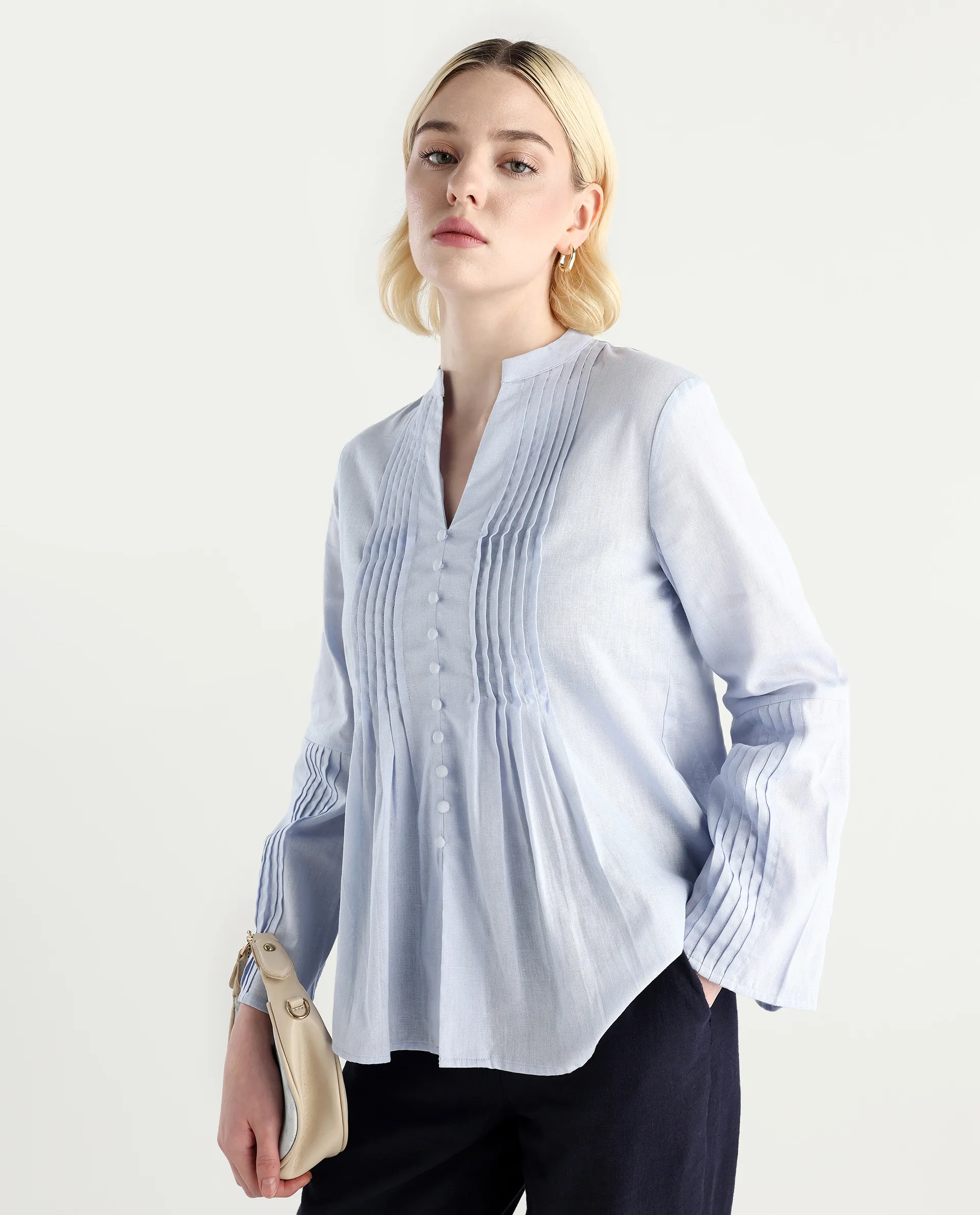 Rareism Women Nuron Blue Mandarin Collar Button Closure Relaxed Fit Plain Top - Image 6