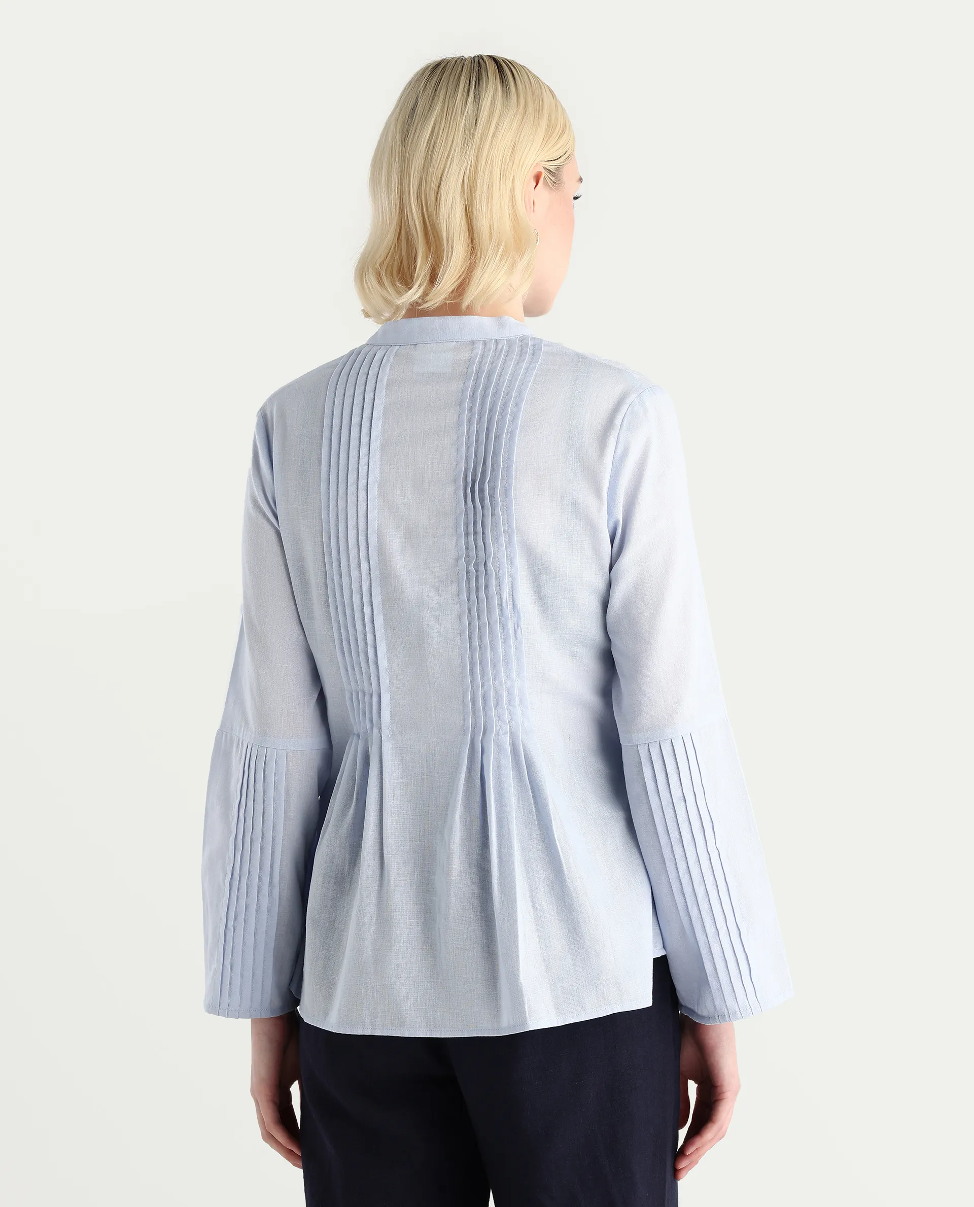 Rareism Women Nuron Blue Mandarin Collar Button Closure Relaxed Fit Plain Top - Image 7