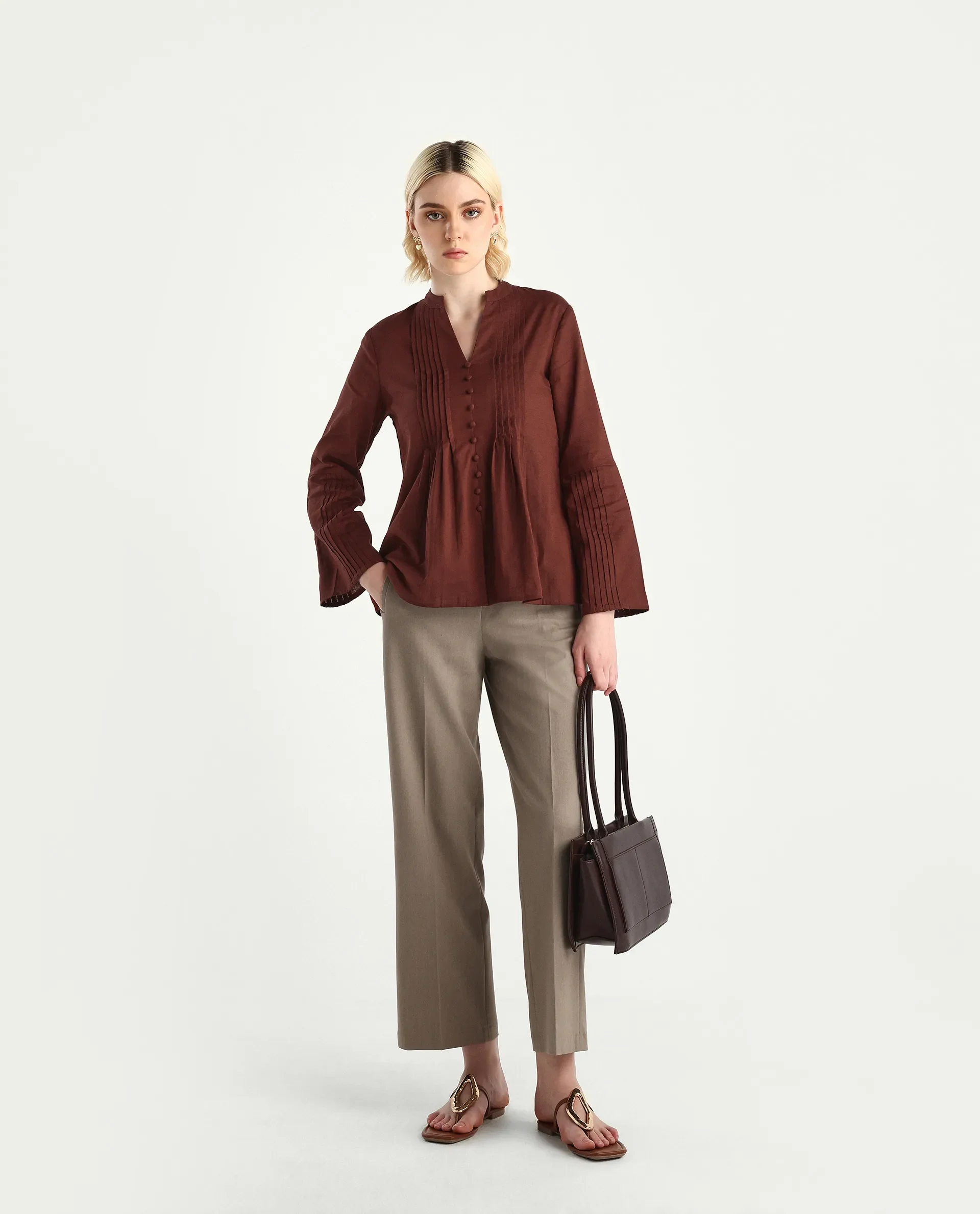 Rareism Women's Nuron Brown Cotton Blend Bell Sleeves Mandarin Collar Relaxed Fit Plain Top - Image 2