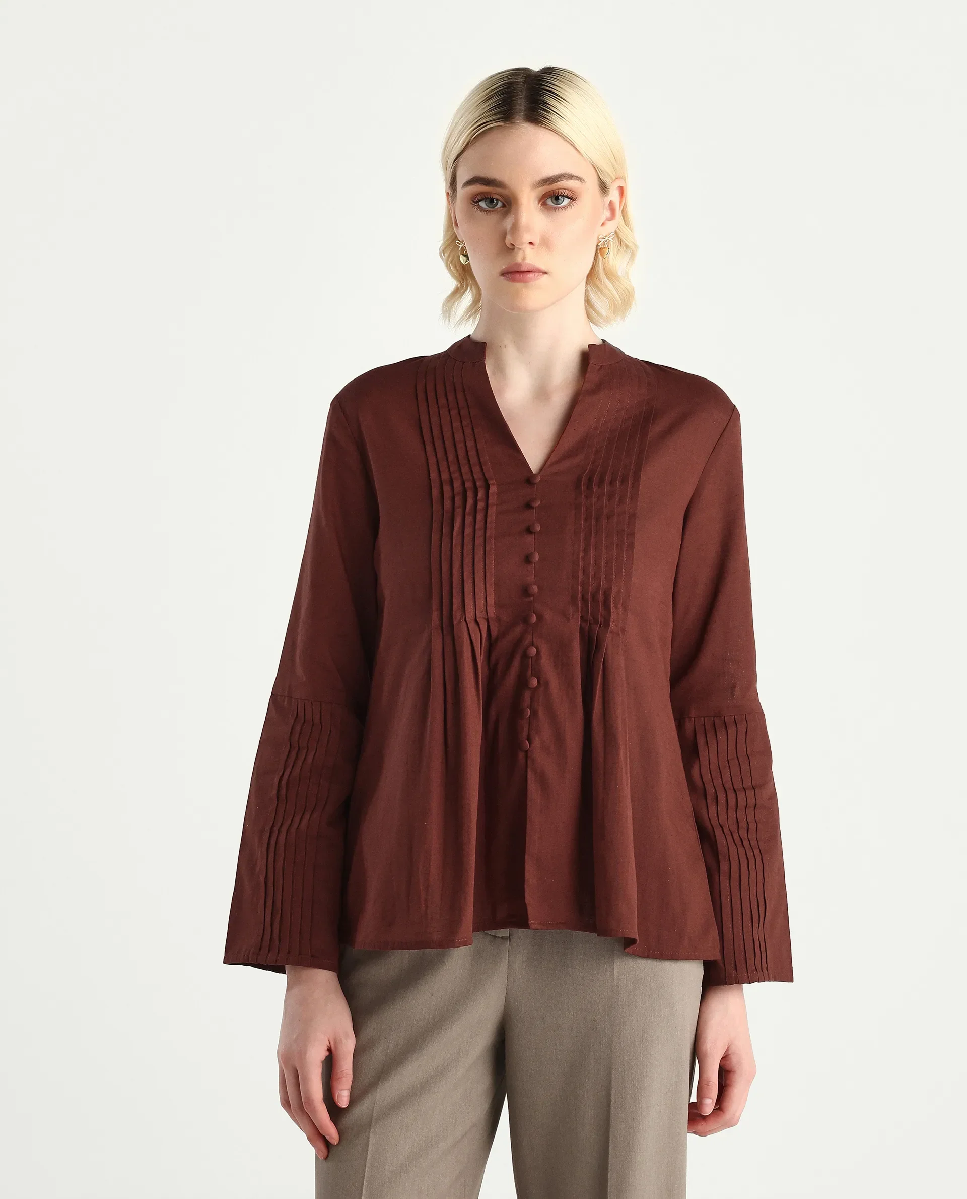 Rareism Women's Nuron Brown Cotton Blend Bell Sleeves Mandarin Collar Relaxed Fit Plain Top - Image 3